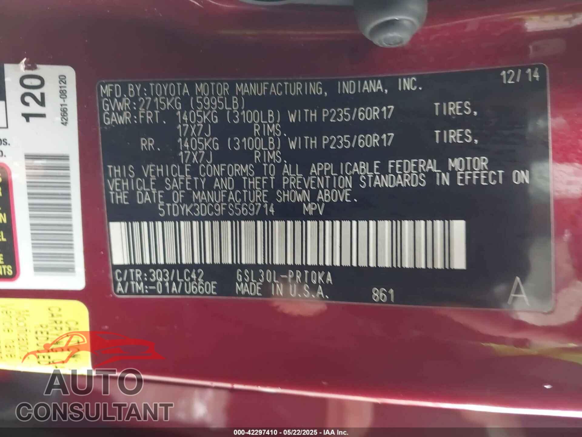 TOYOTA SIENNA 2015 - 5TDYK3DC9FS569714