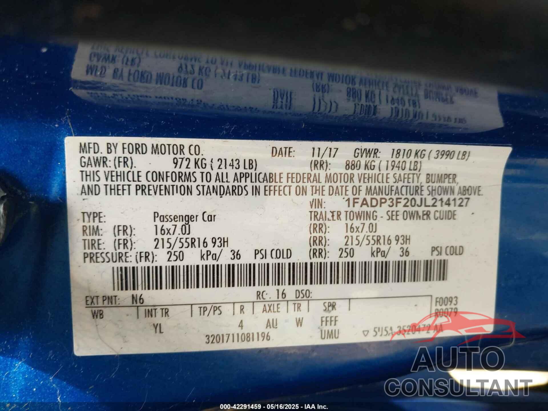 FORD FOCUS 2018 - 1FADP3F20JL214127