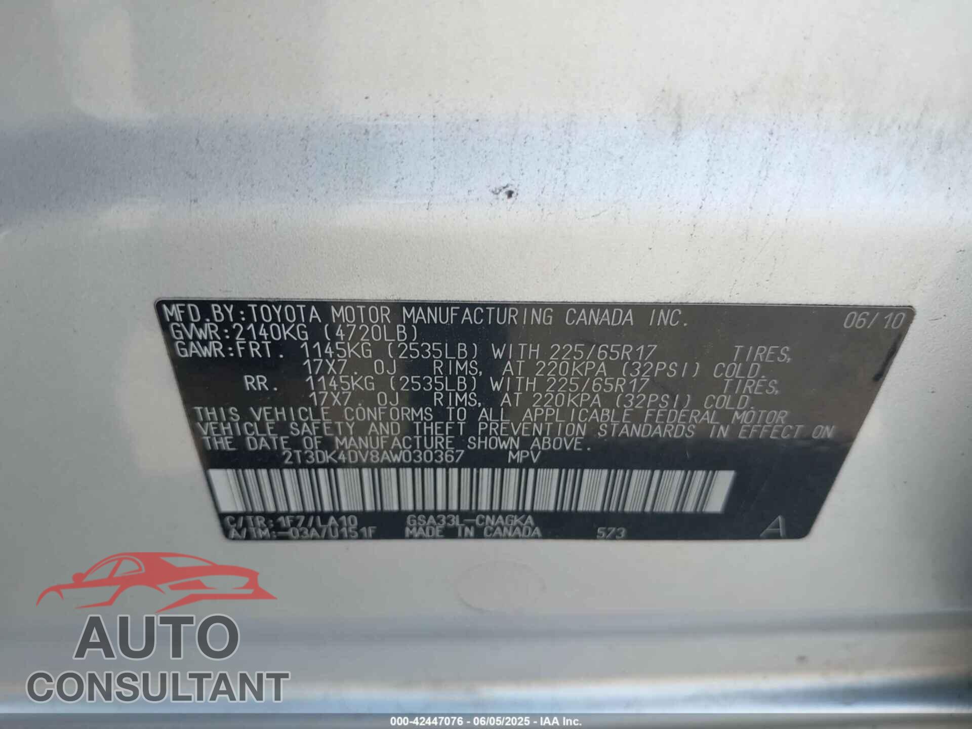 TOYOTA RAV4 2010 - 2T3DK4DV8AW030367