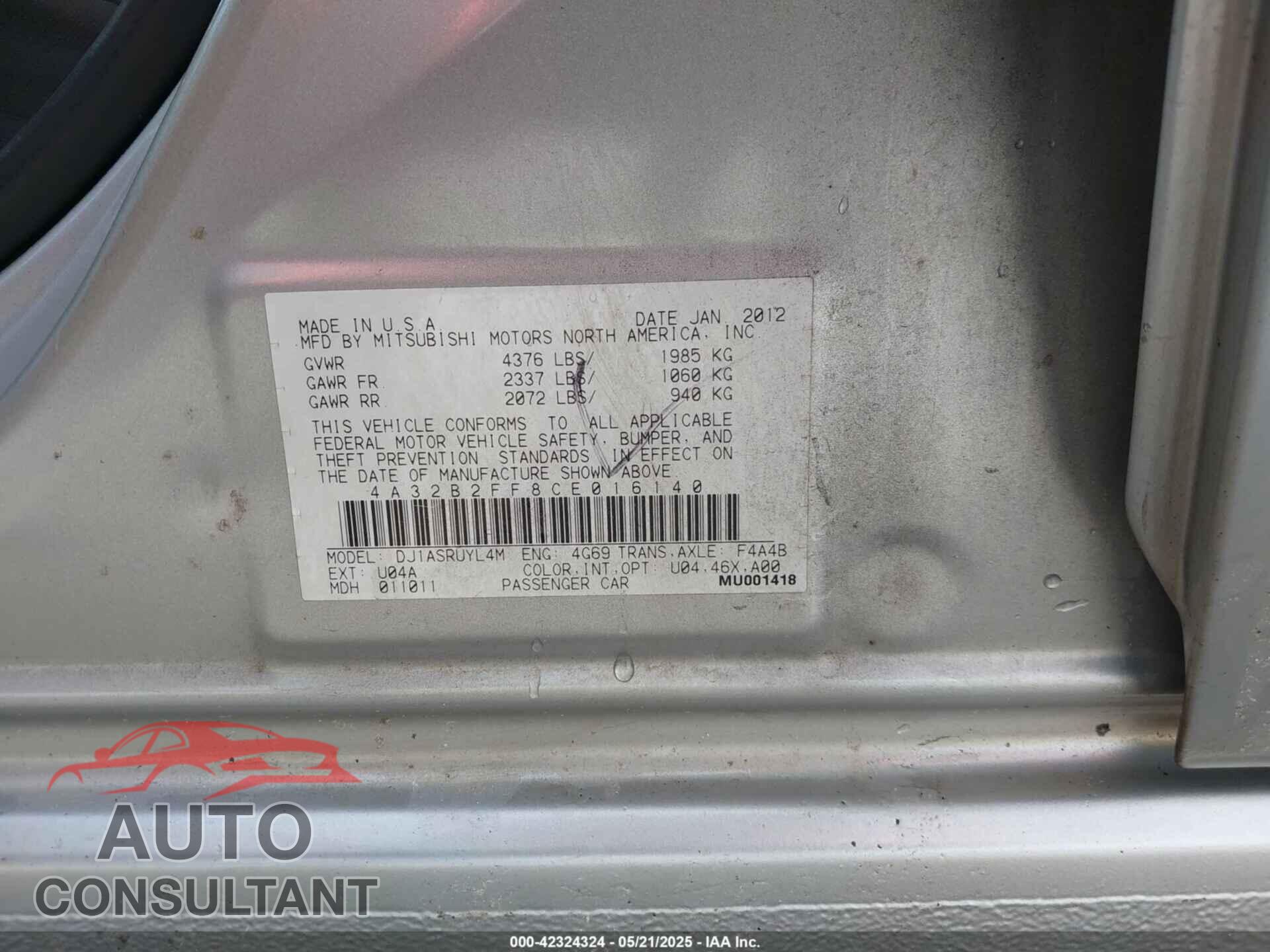 MITSUBISHI GALANT 2012 - 4A32B2FF8CE016140