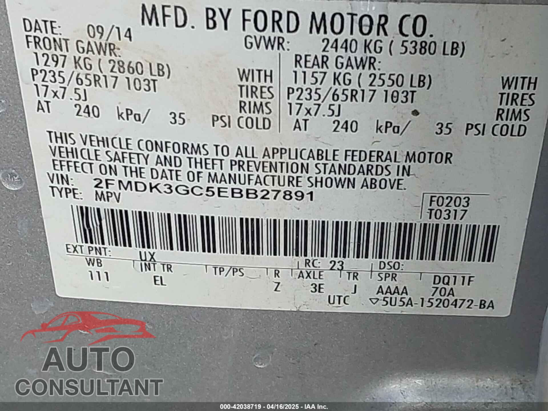 FORD EDGE 2014 - 2FMDK3GC5EBB27891