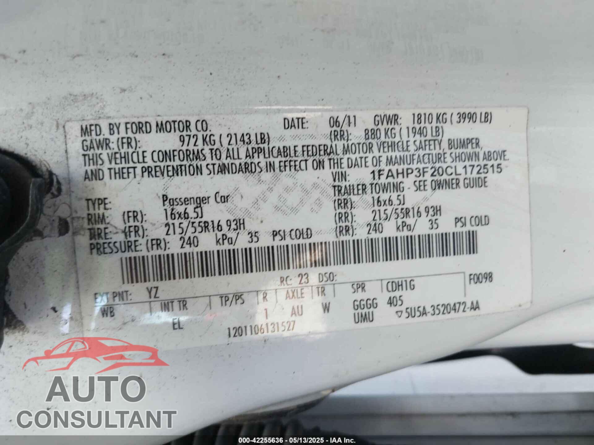 FORD FOCUS 2012 - 1FAHP3F20CL172515