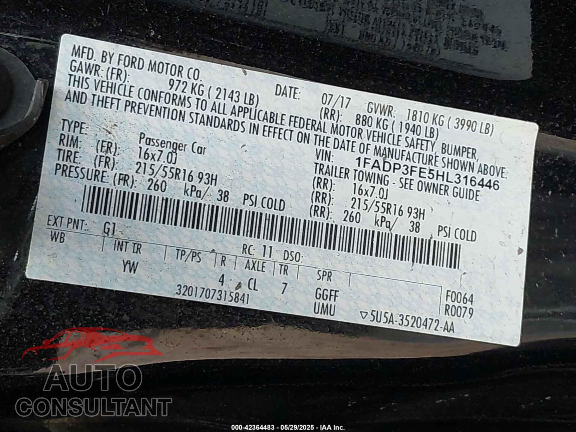 FORD FOCUS 2017 - 1FADP3FE5HL316446