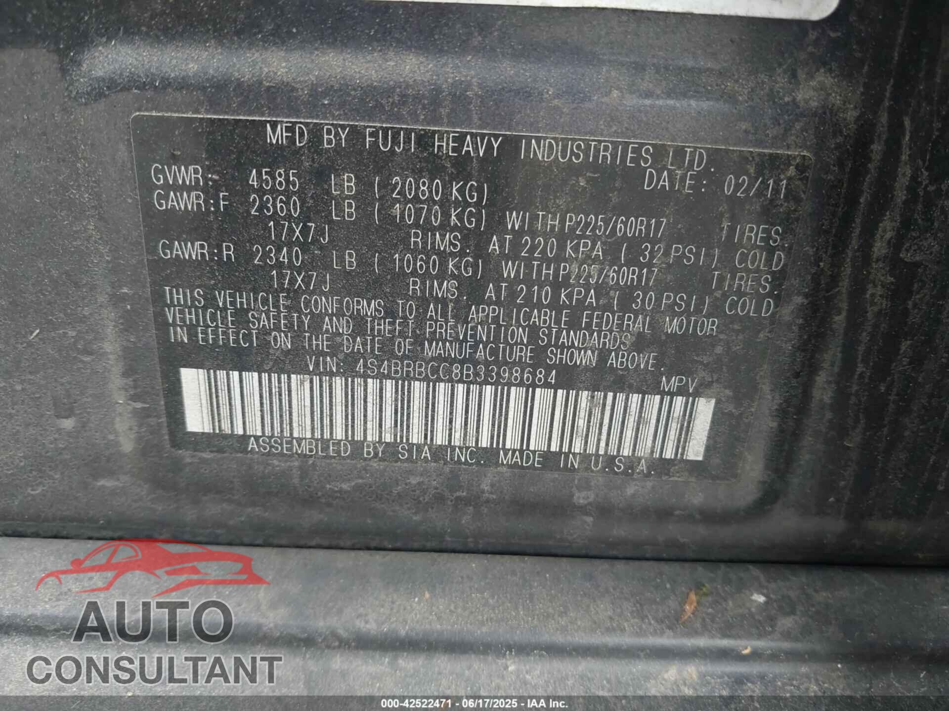 SUBARU OUTBACK 2011 - 4S4BRBCC8B3398684