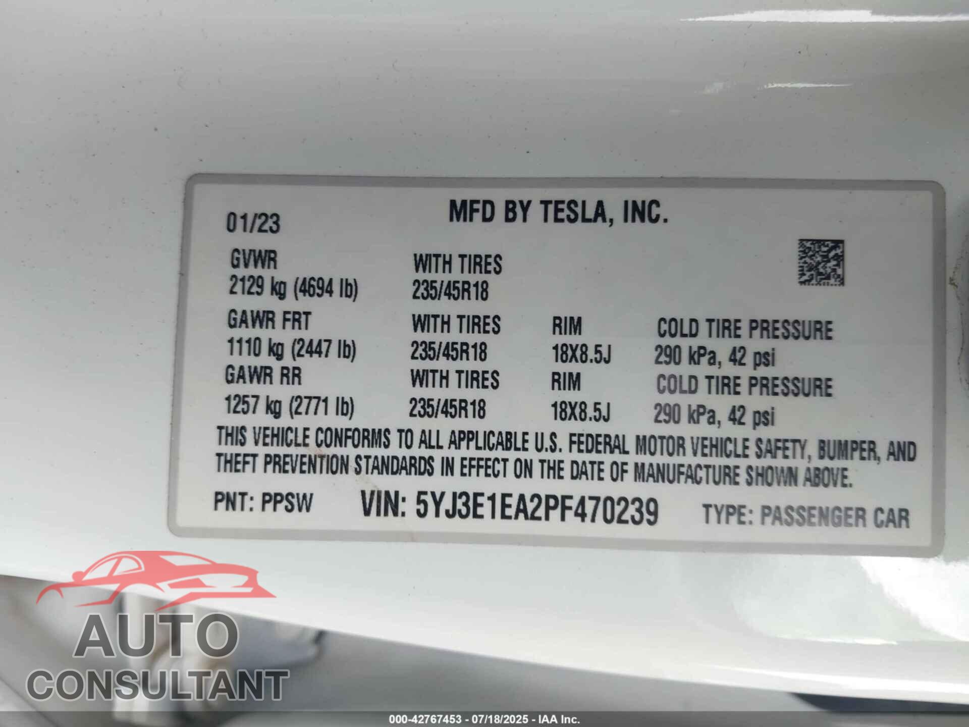 TESLA MODEL 3 2023 - 5YJ3E1EA2PF470239