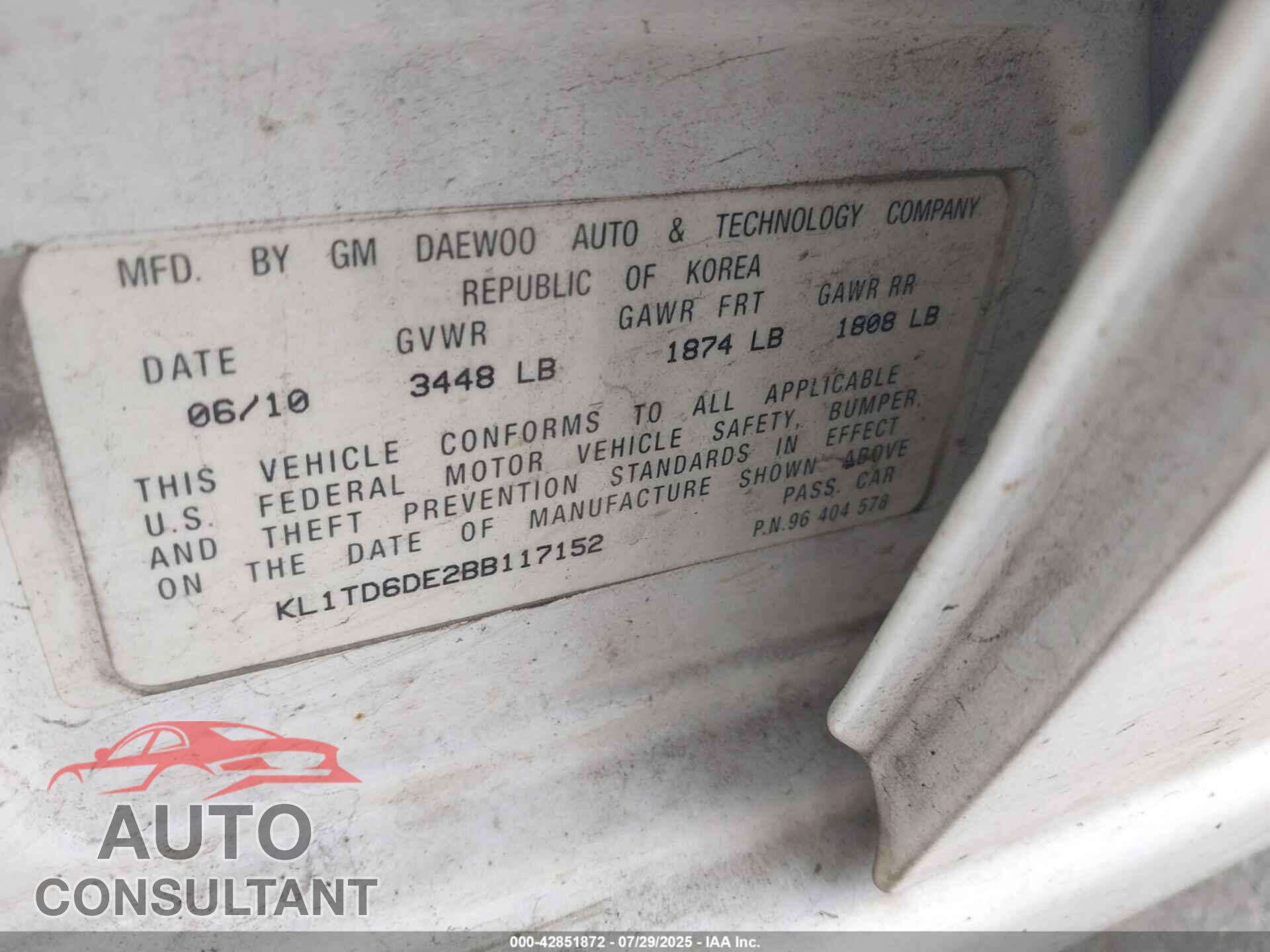 CHEVROLET AVEO 2011 - KL1TD6DE2BB117152