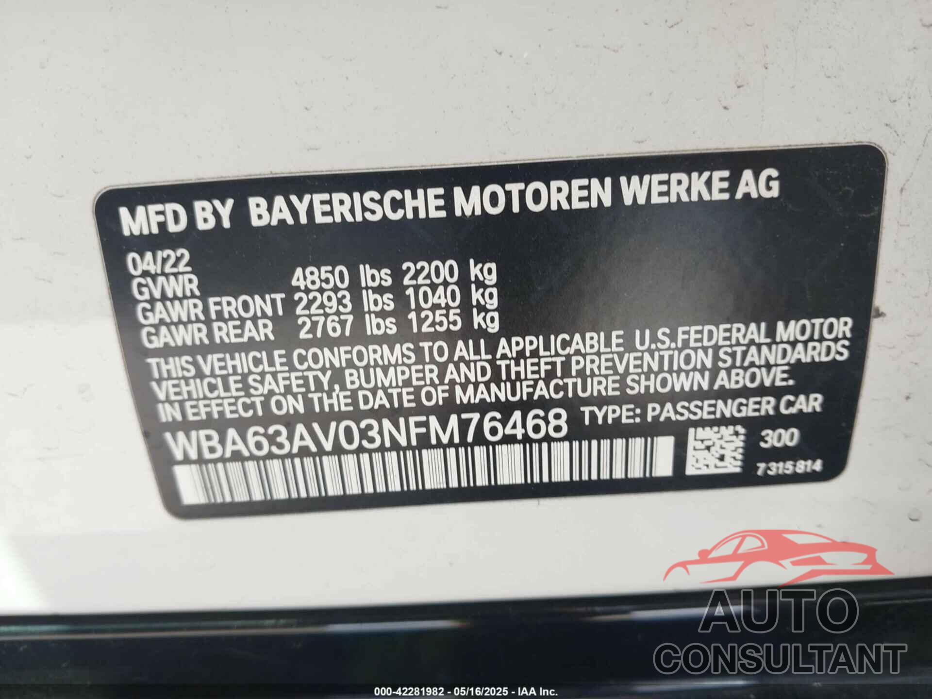 BMW 430I GRAN COUPE 2022 - WBA63AV03NFM76468
