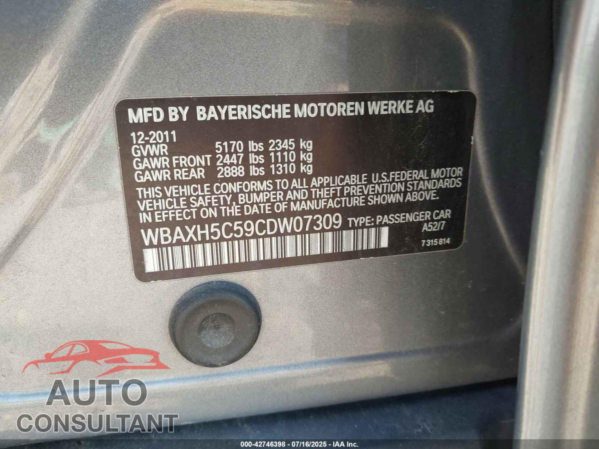 BMW 528I 2012 - WBAXH5C59CDW07309