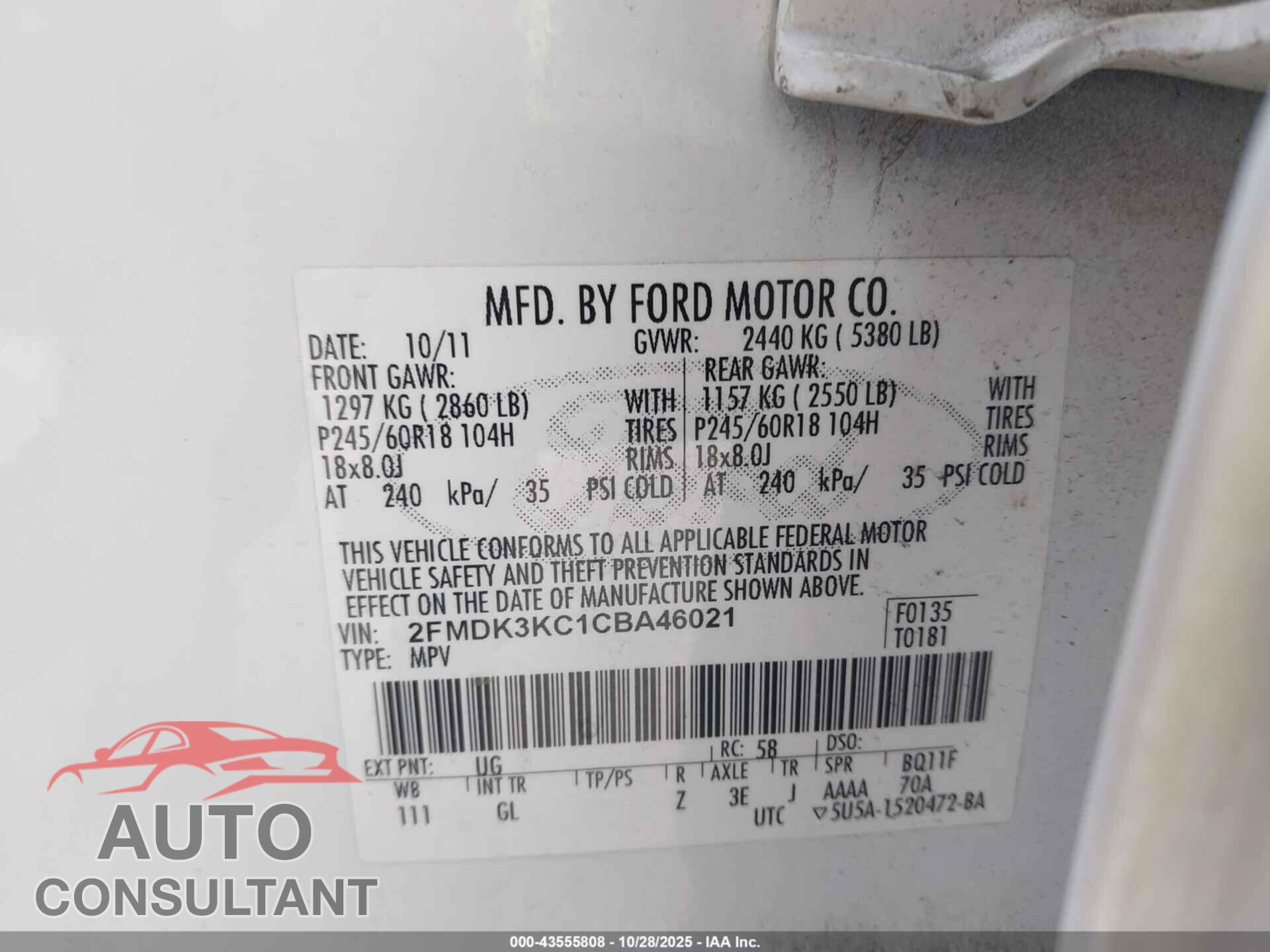 FORD EDGE 2012 - 2FMDK3KC1CBA46021
