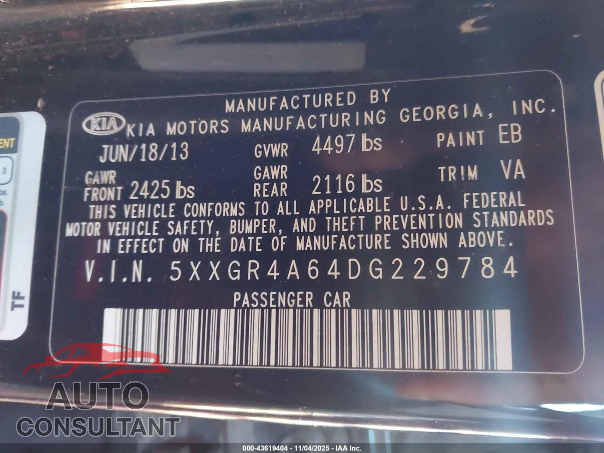 KIA OPTIMA 2013 - 5XXGR4A64DG229784