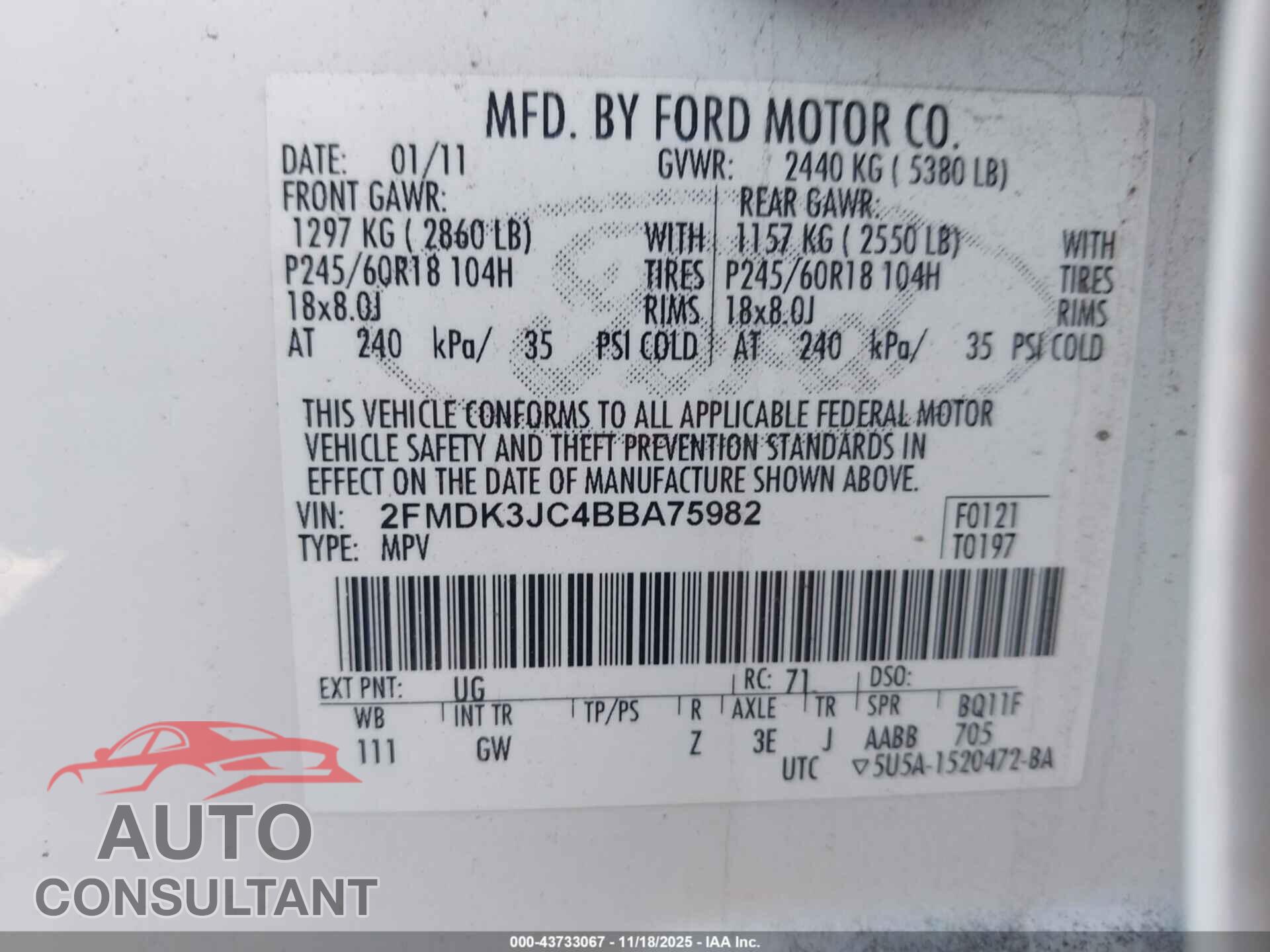FORD EDGE 2011 - 2FMDK3JC4BBA75982