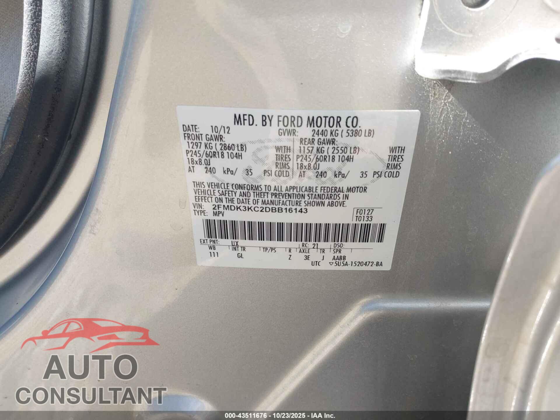 FORD EDGE 2013 - 2FMDK3KC2DBB16143
