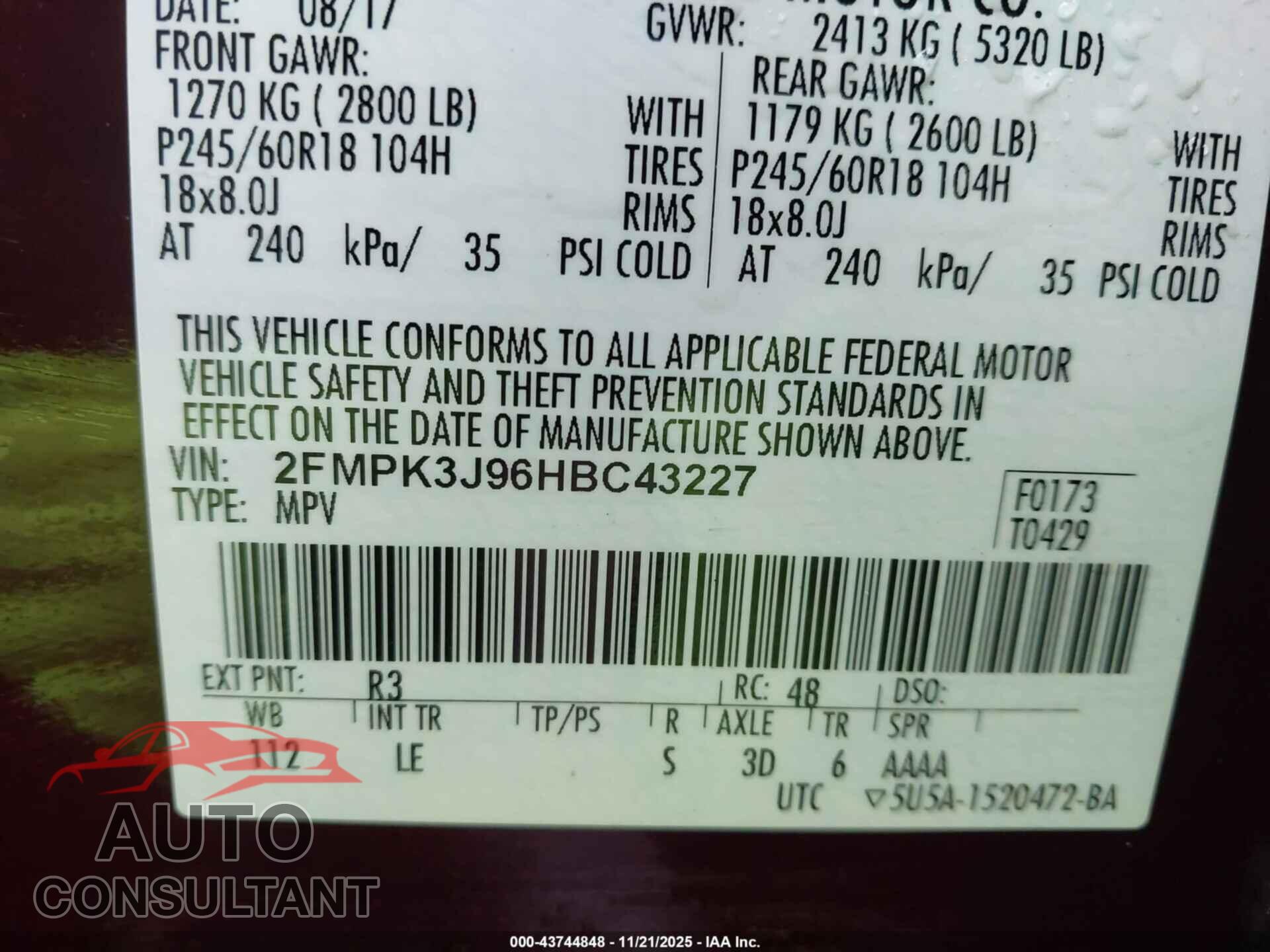 FORD EDGE 2017 - 2FMPK3J96HBC43227