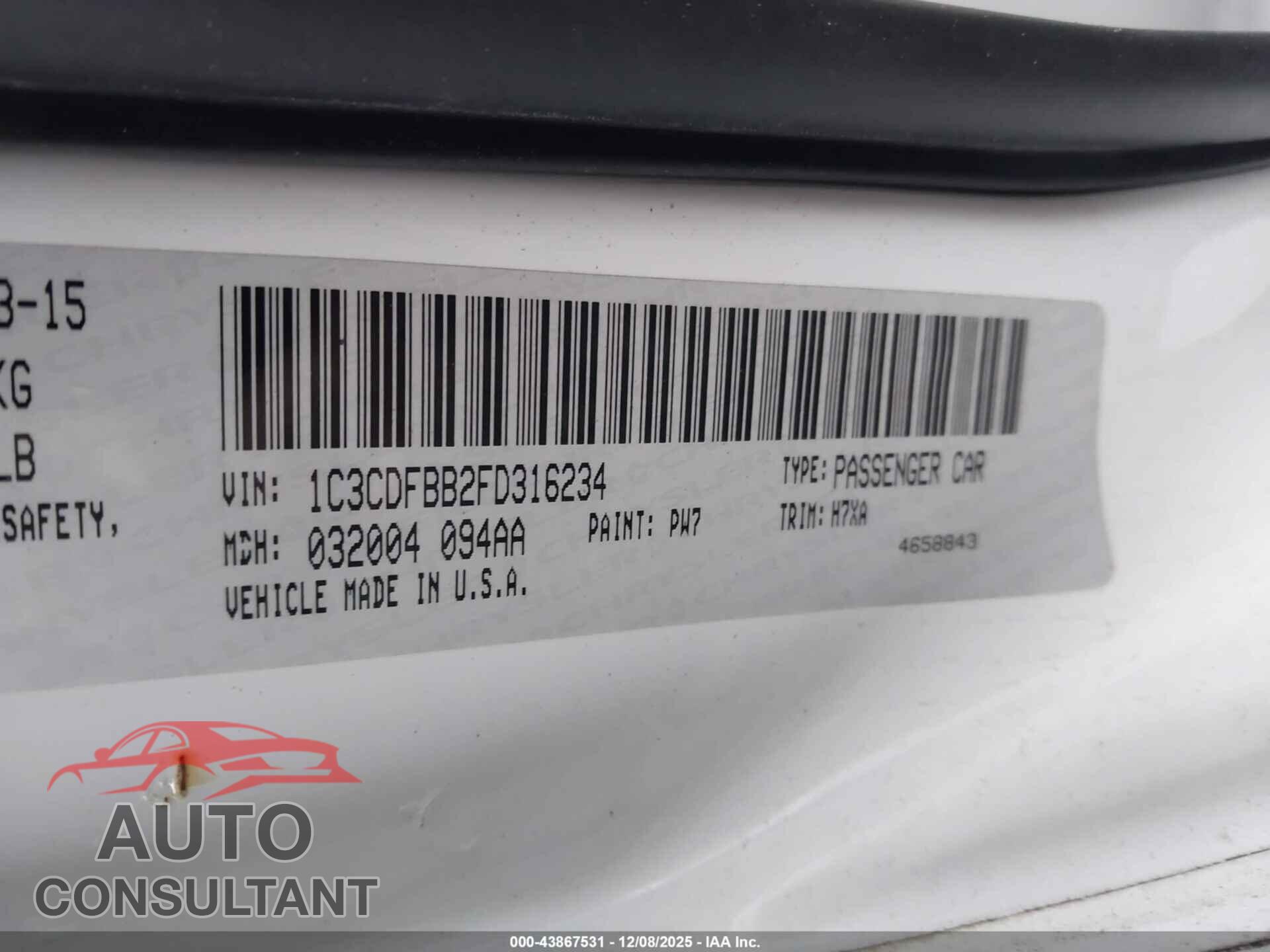 DODGE DART 2015 - 1C3CDFBB2FD316234