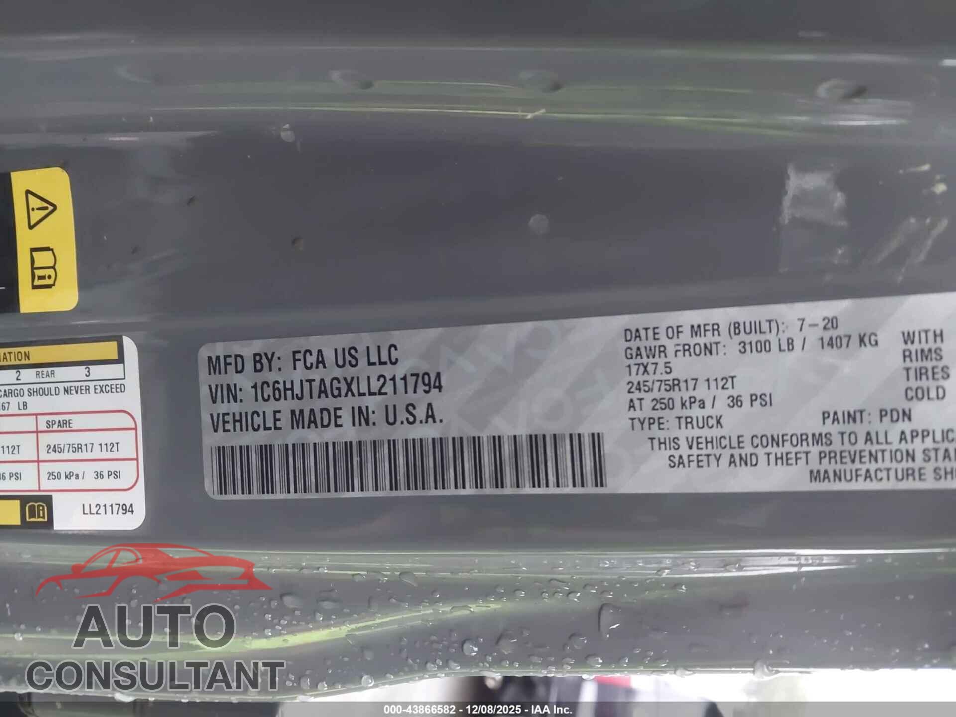 JEEP GLADIATOR 2020 - 1C6HJTAGXLL211794