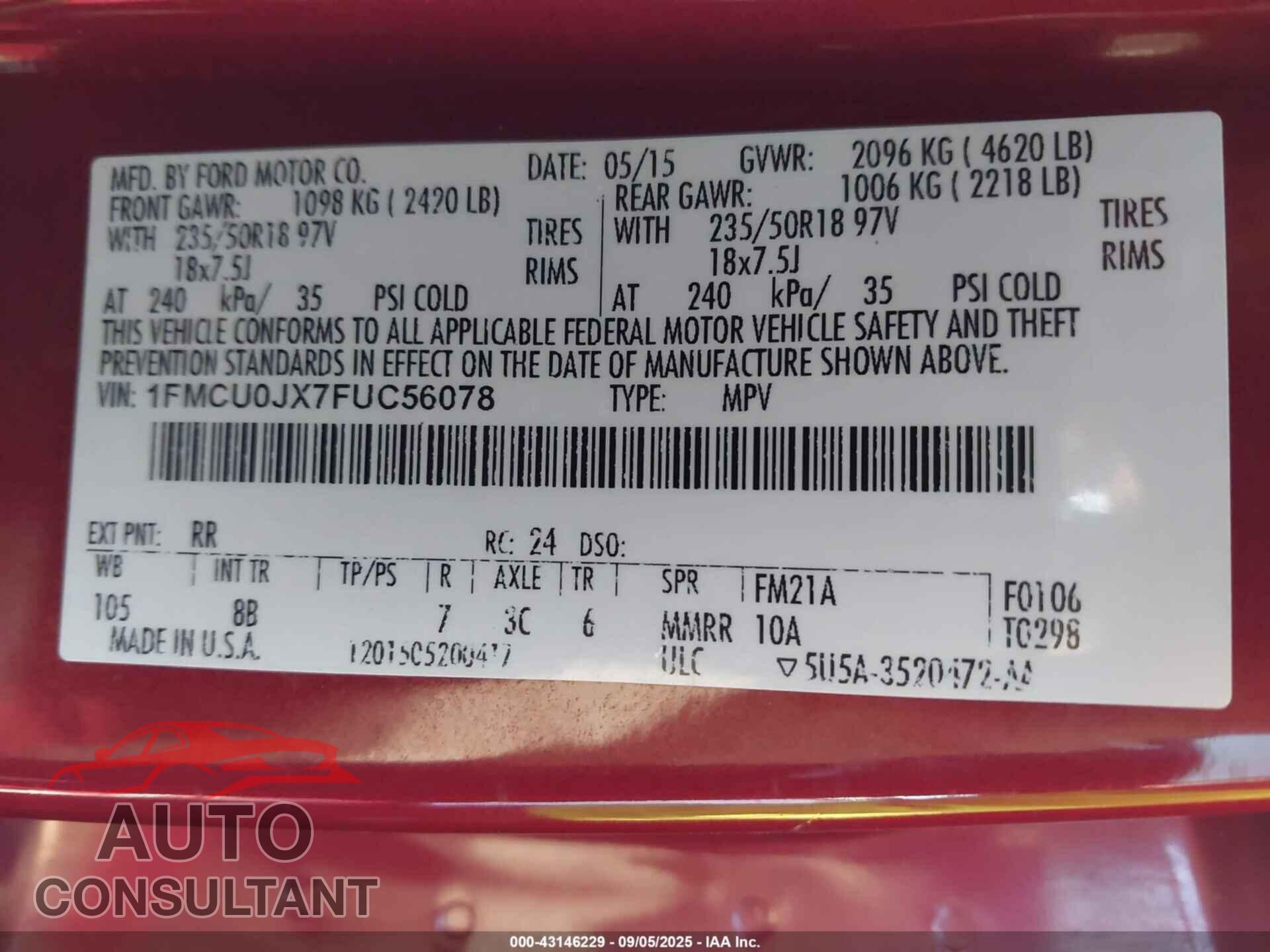 FORD ESCAPE 2015 - 1FMCU0JX7FUC56078