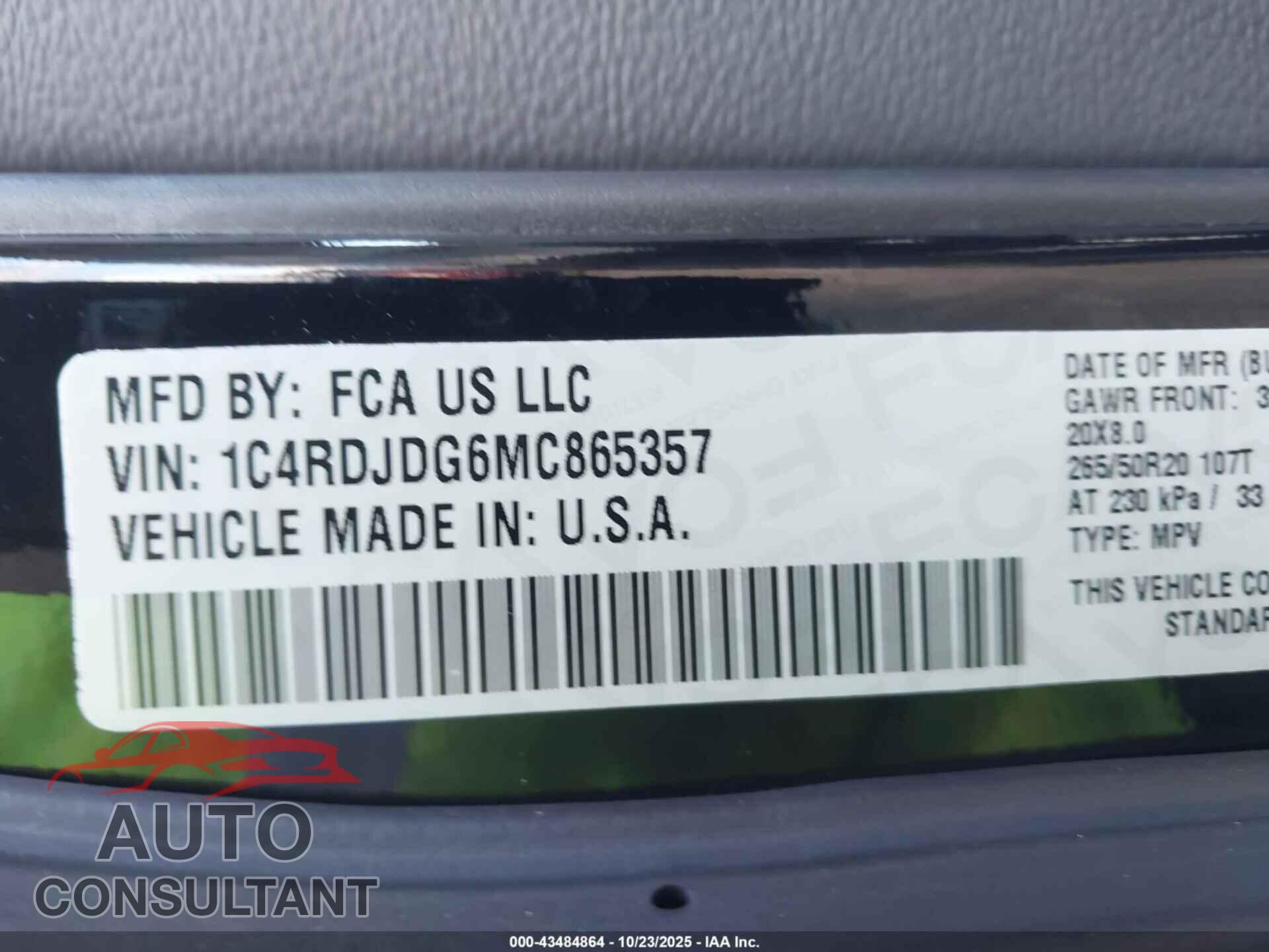 DODGE DURANGO 2021 - 1C4RDJDG6MC865357
