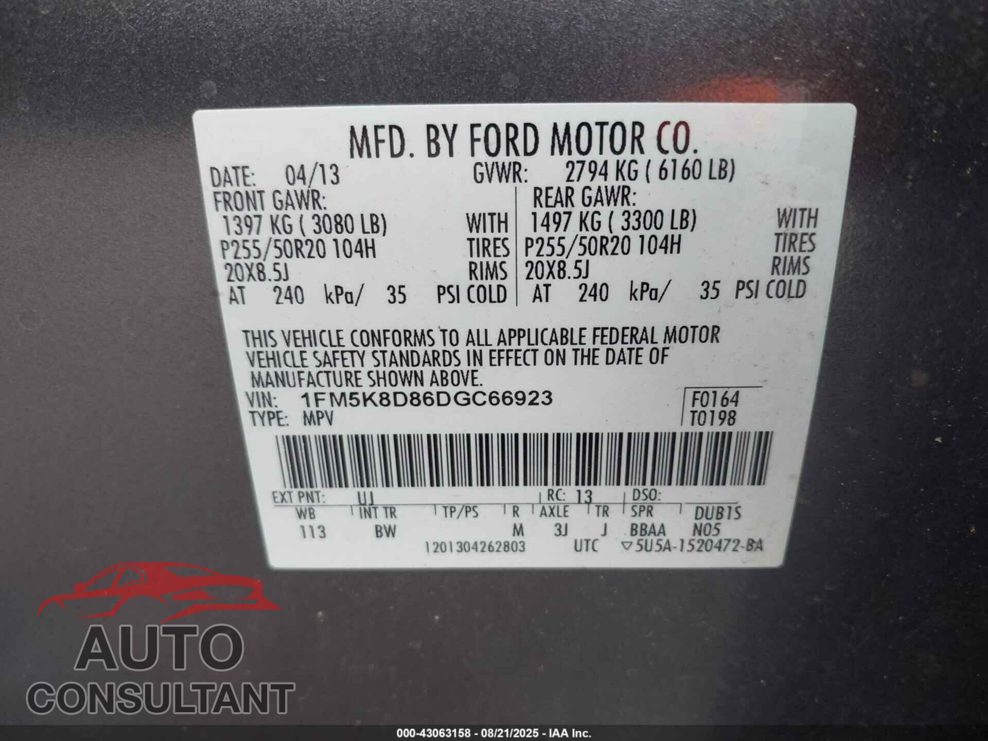 FORD EXPLORER 2013 - 1FM5K8D86DGC66923