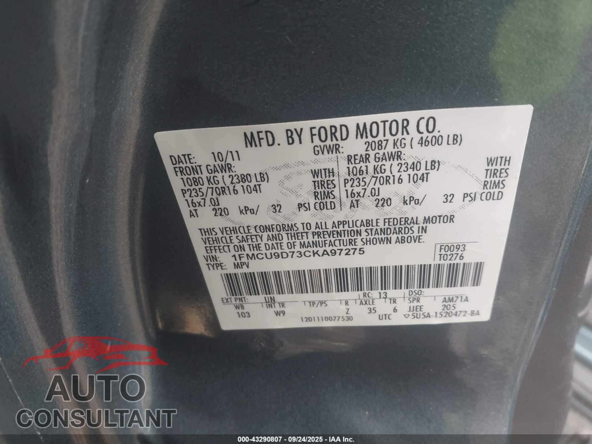FORD ESCAPE 2012 - 1FMCU9D73CKA97275
