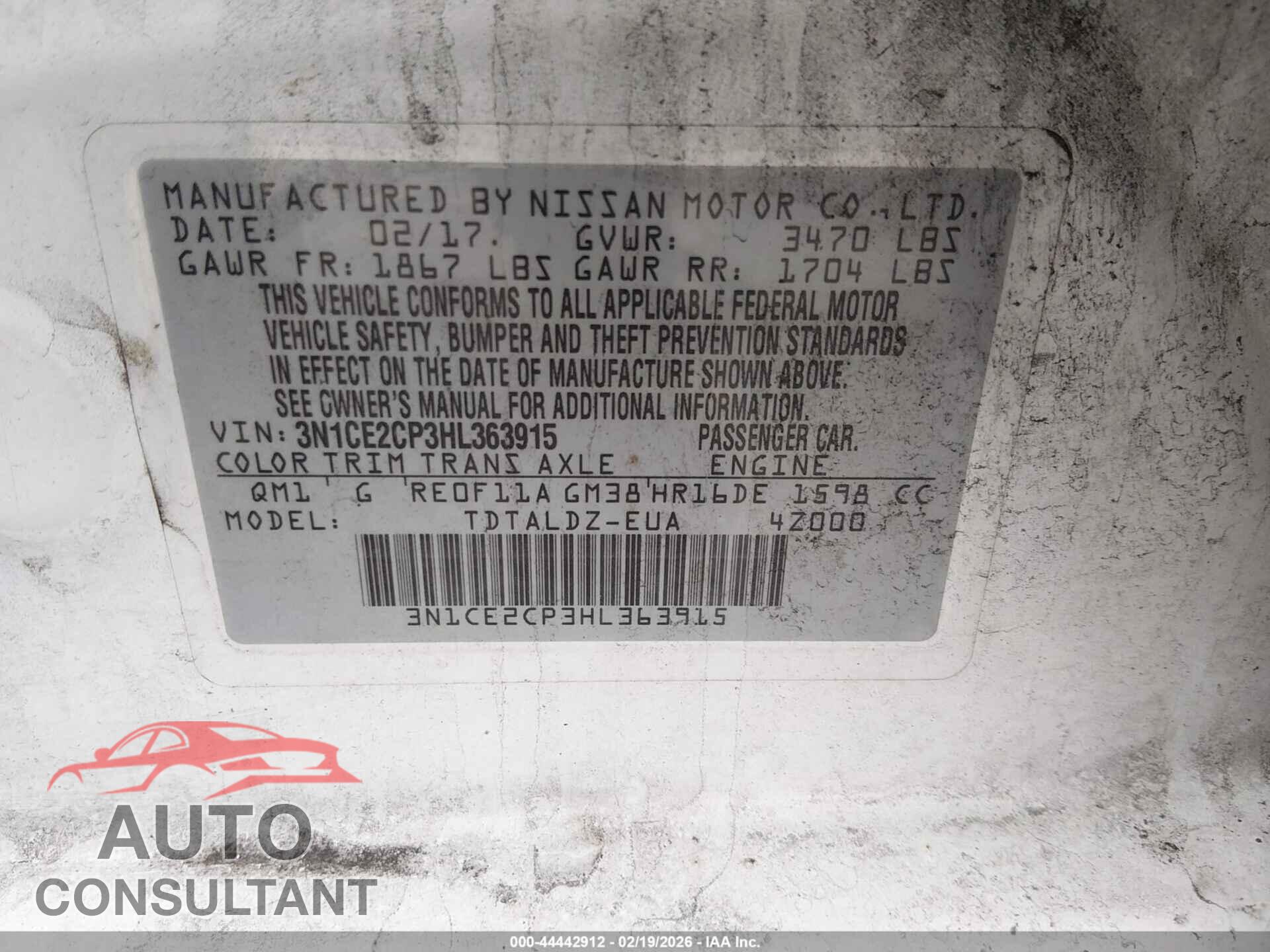 NISSAN VERSA NOTE 2017 - 3N1CE2CP3HL363915