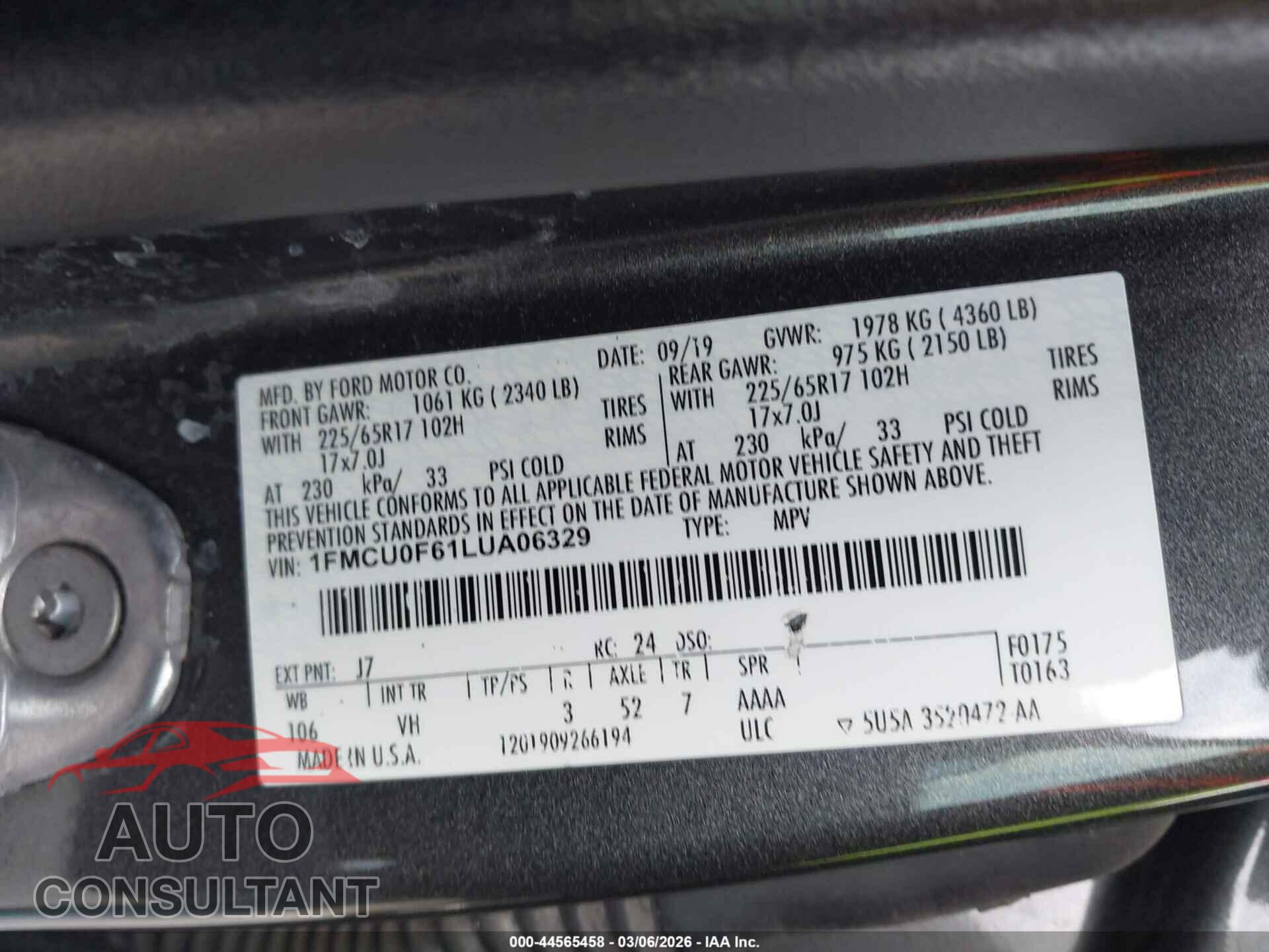 FORD ESCAPE 2020 - 1FMCU0F61LUA06329