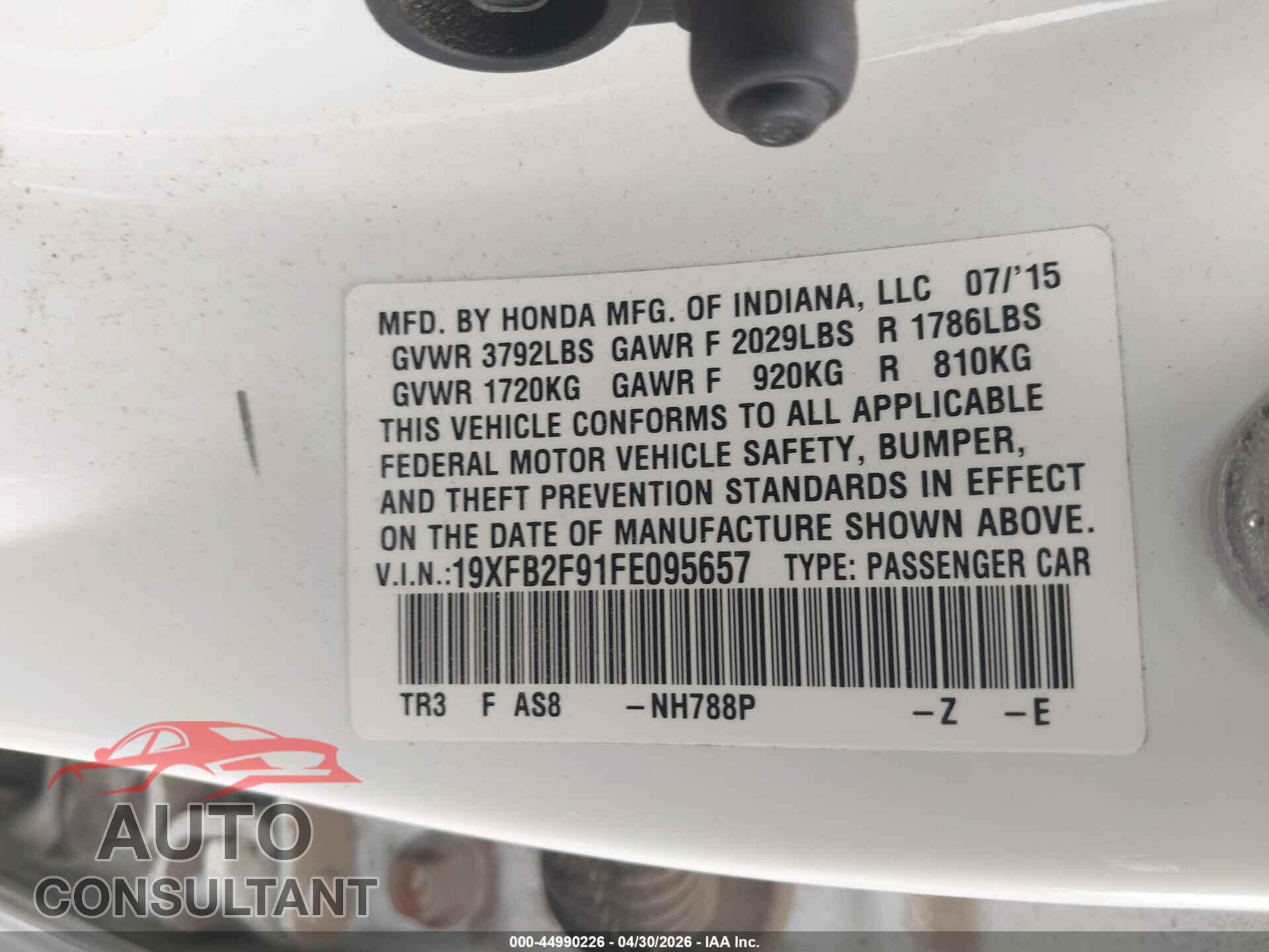 HONDA CIVIC 2015 - 19XFB2F91FE095657