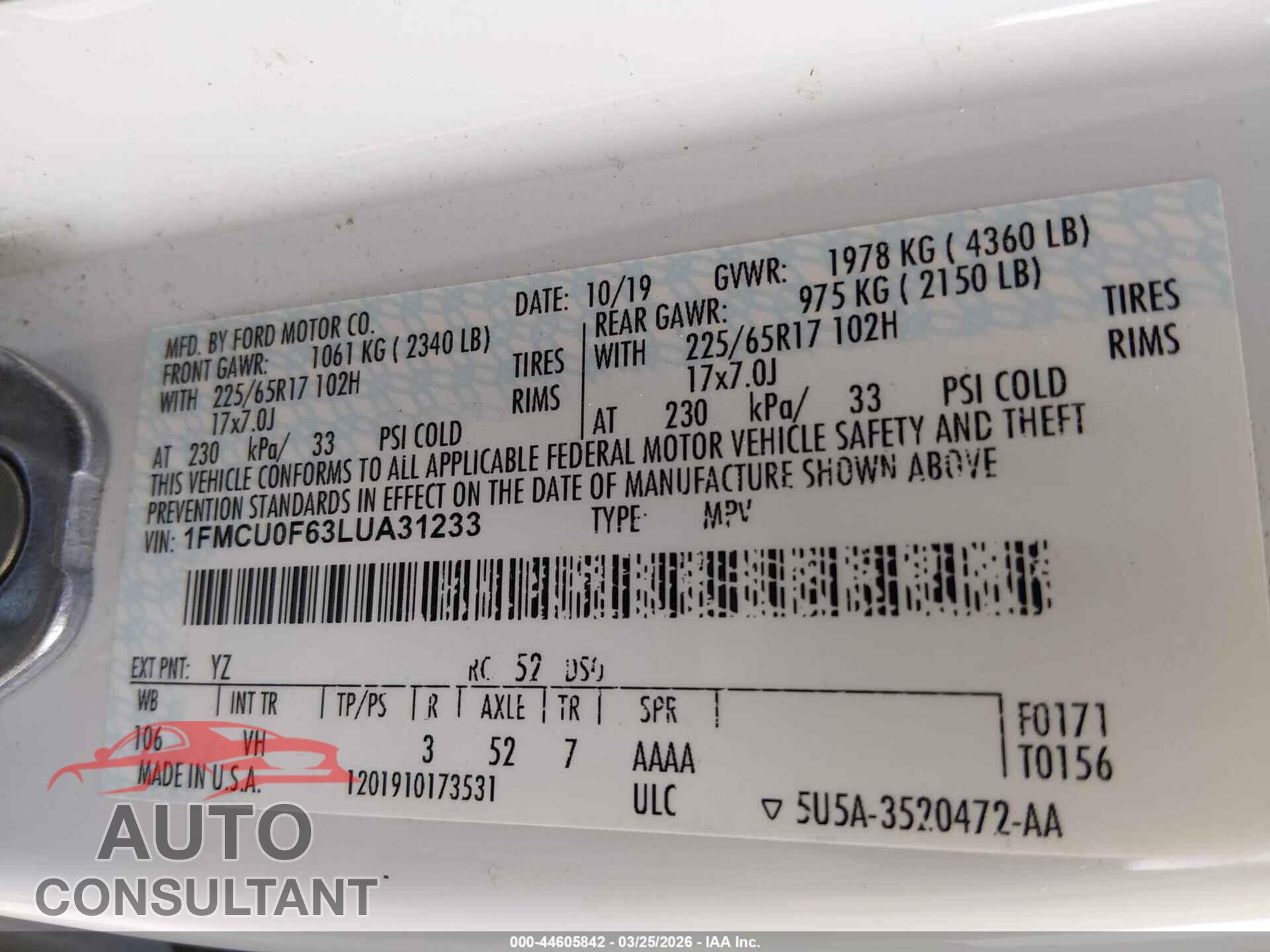 FORD ESCAPE 2020 - 1FMCU0F63LUA31233