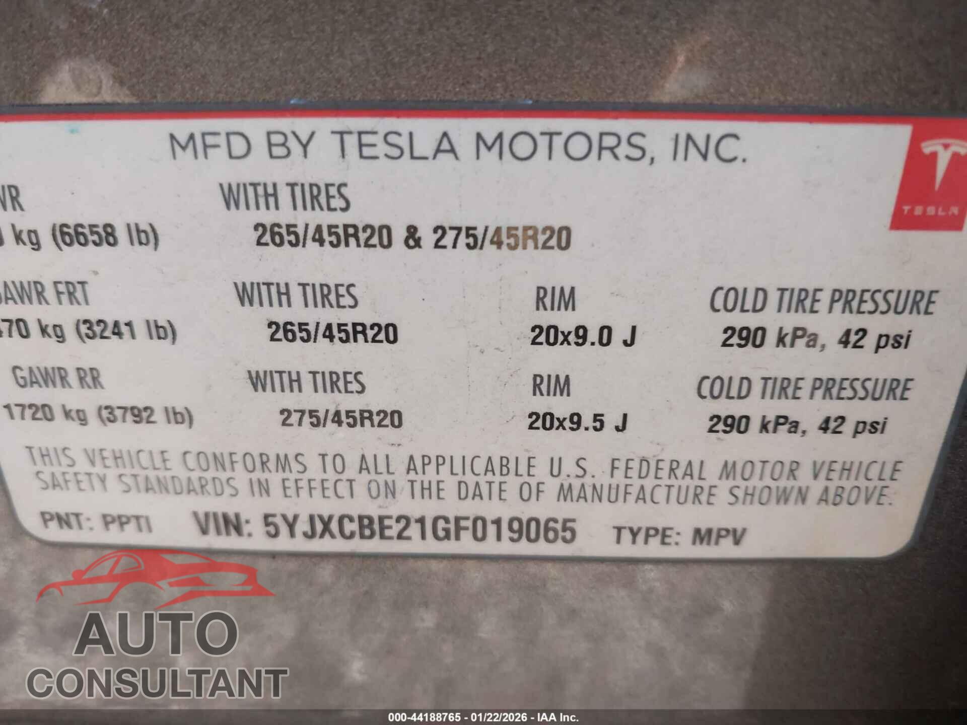 TESLA MODEL X 2016 - 5YJXCBE21GF019065