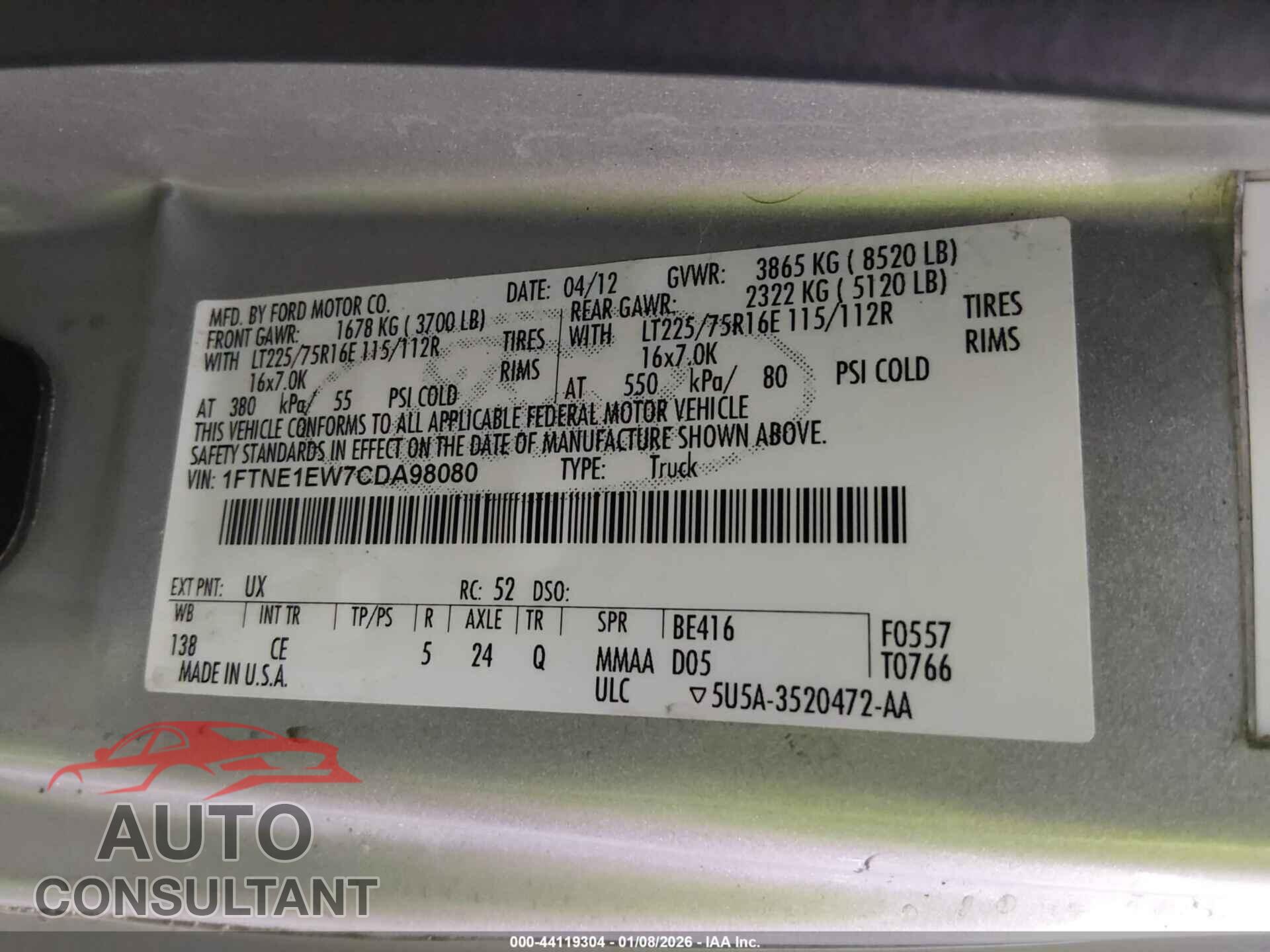 FORD E-150 2012 - 1FTNE1EW7CDA98080
