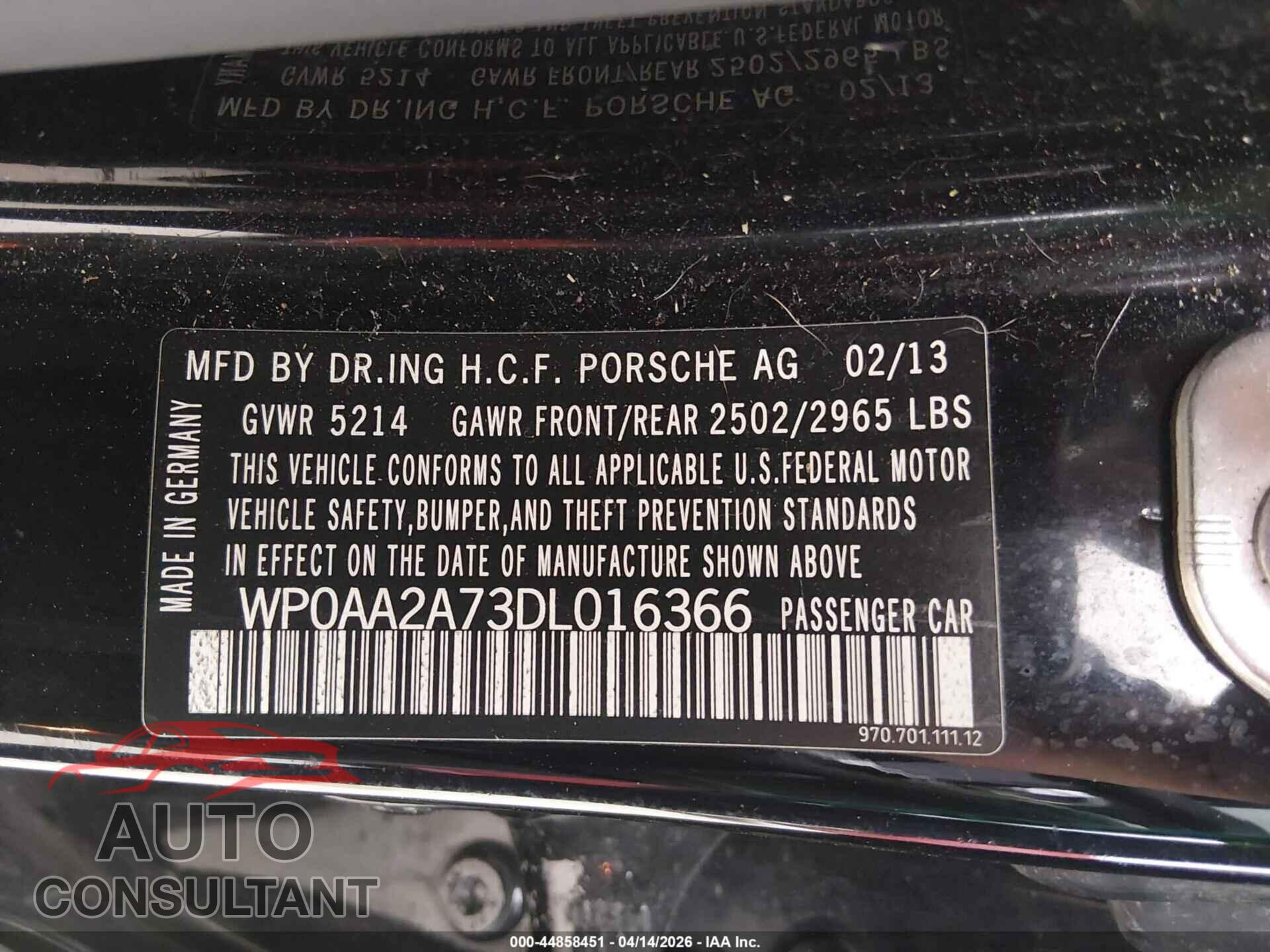 PORSCHE PANAMERA 2013 - WP0AA2A73DL016366