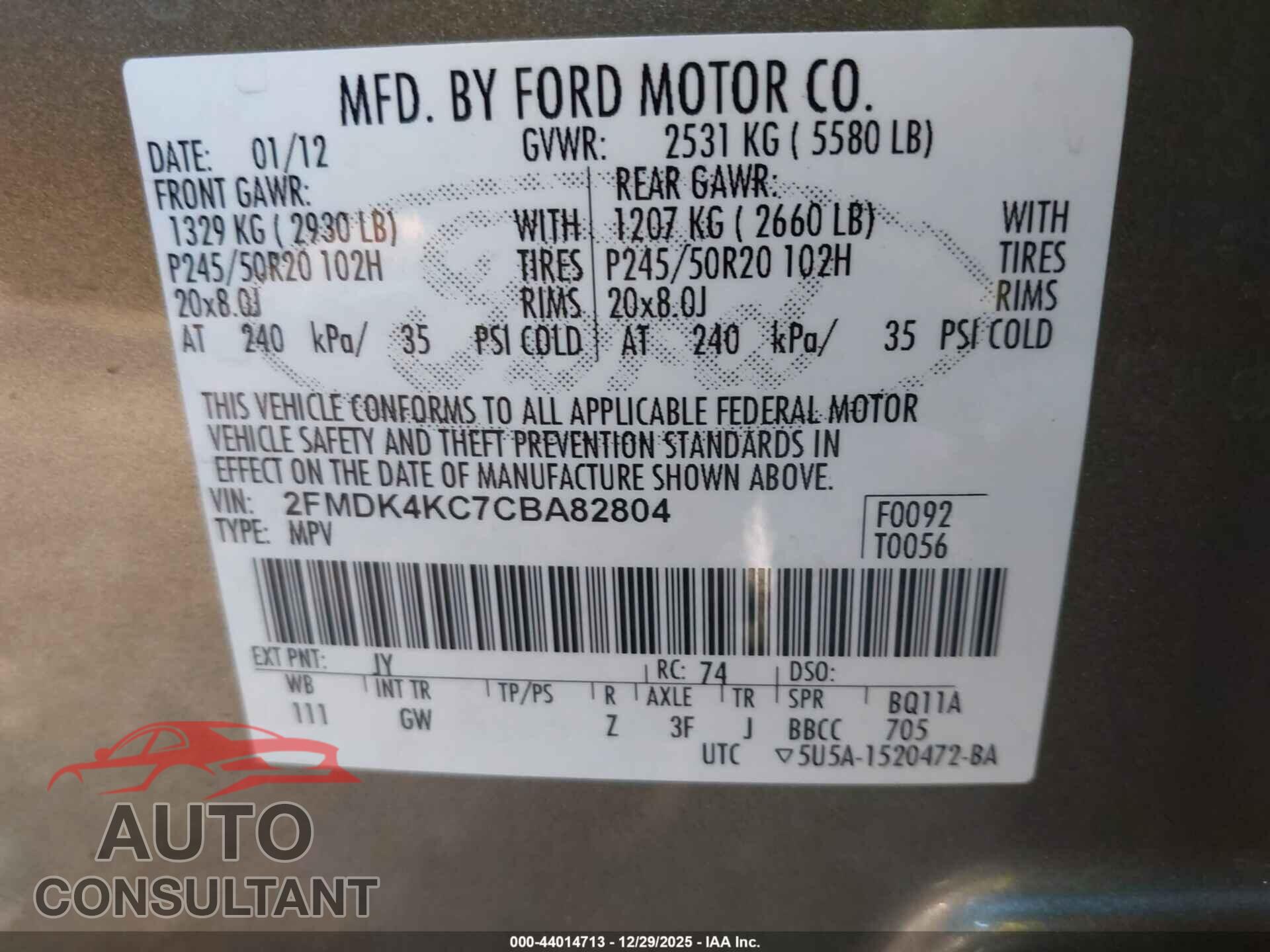 FORD EDGE 2012 - 2FMDK4KC7CBA82804