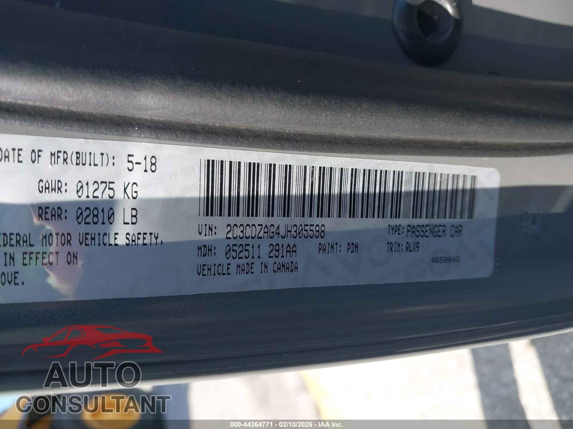 DODGE CHALLENGER 2018 - 2C3CDZAG4JH305598