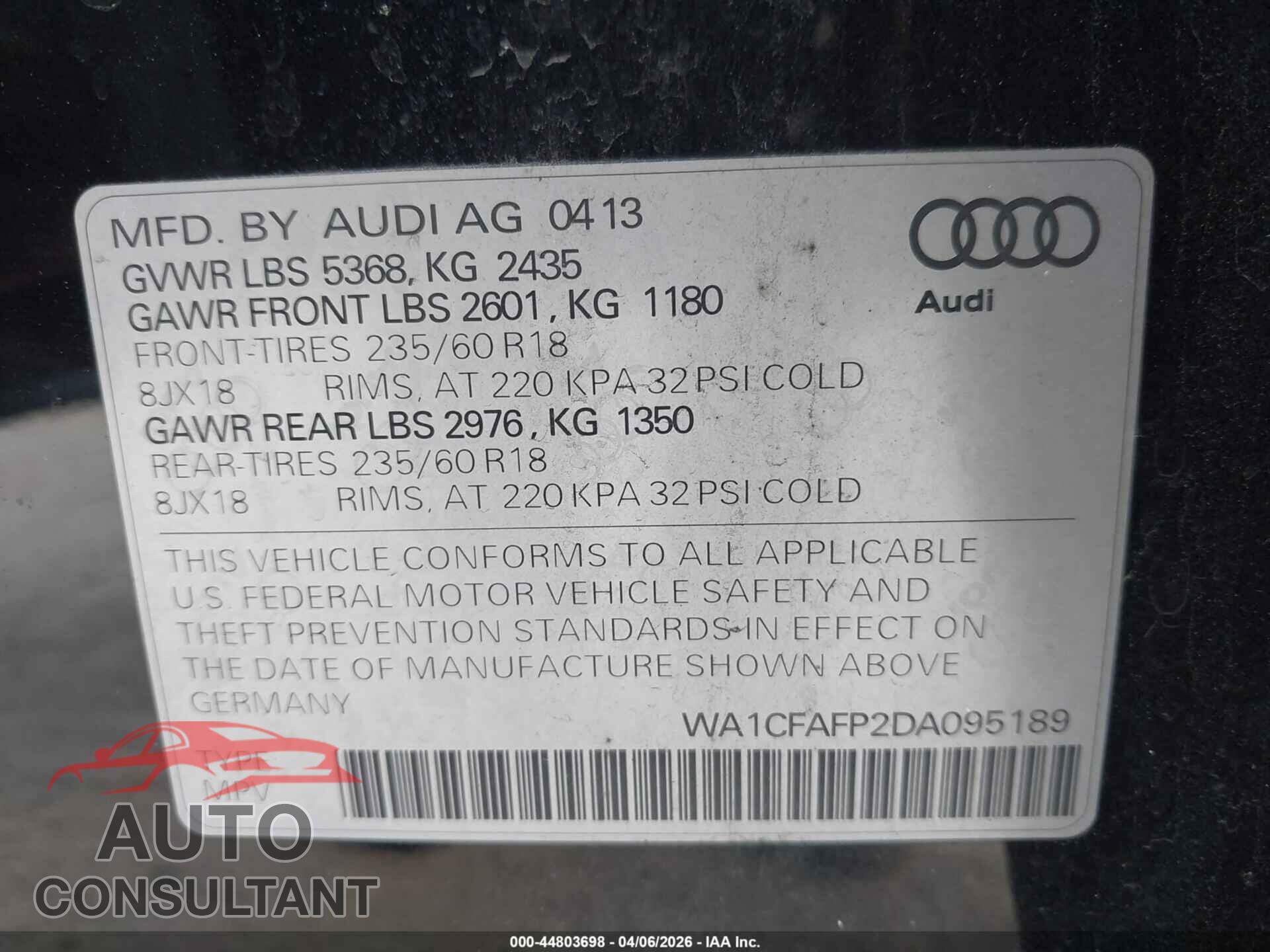 AUDI Q5 2013 - WA1CFAFP2DA095189