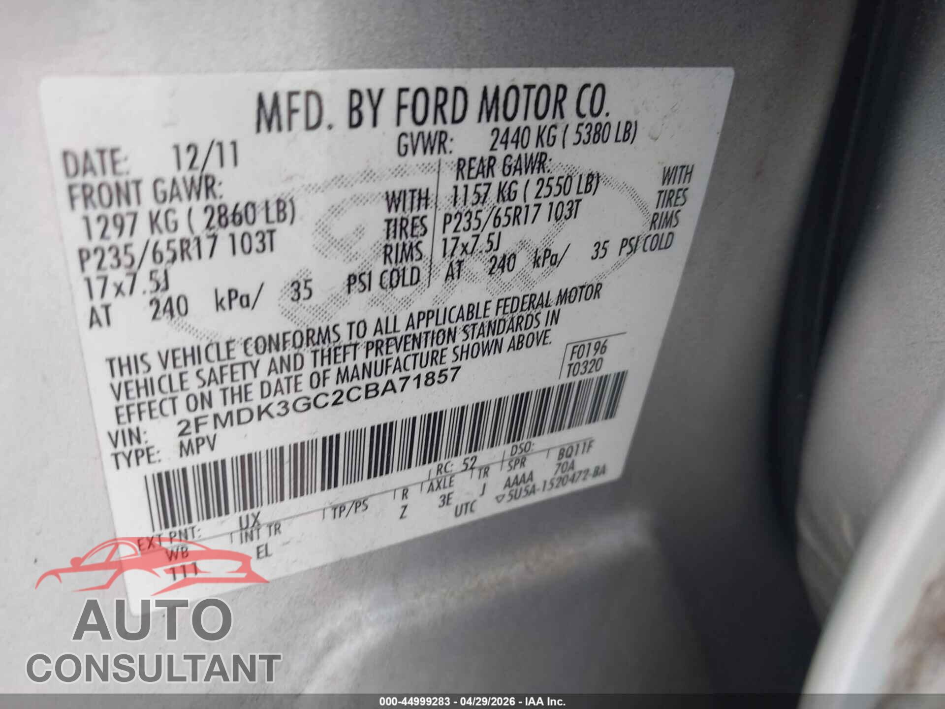 FORD EDGE 2012 - 2FMDK3GC2CBA71857