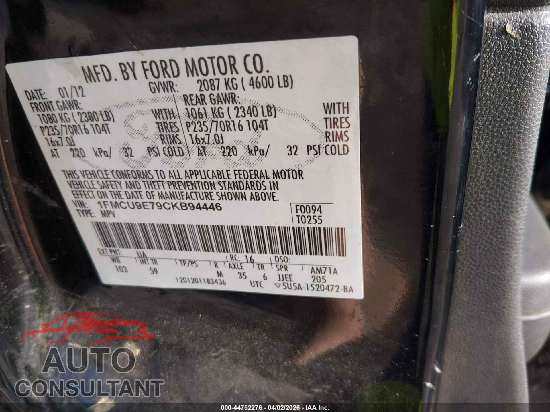 FORD ESCAPE 2012 - 1FMCU9E79CKB94446