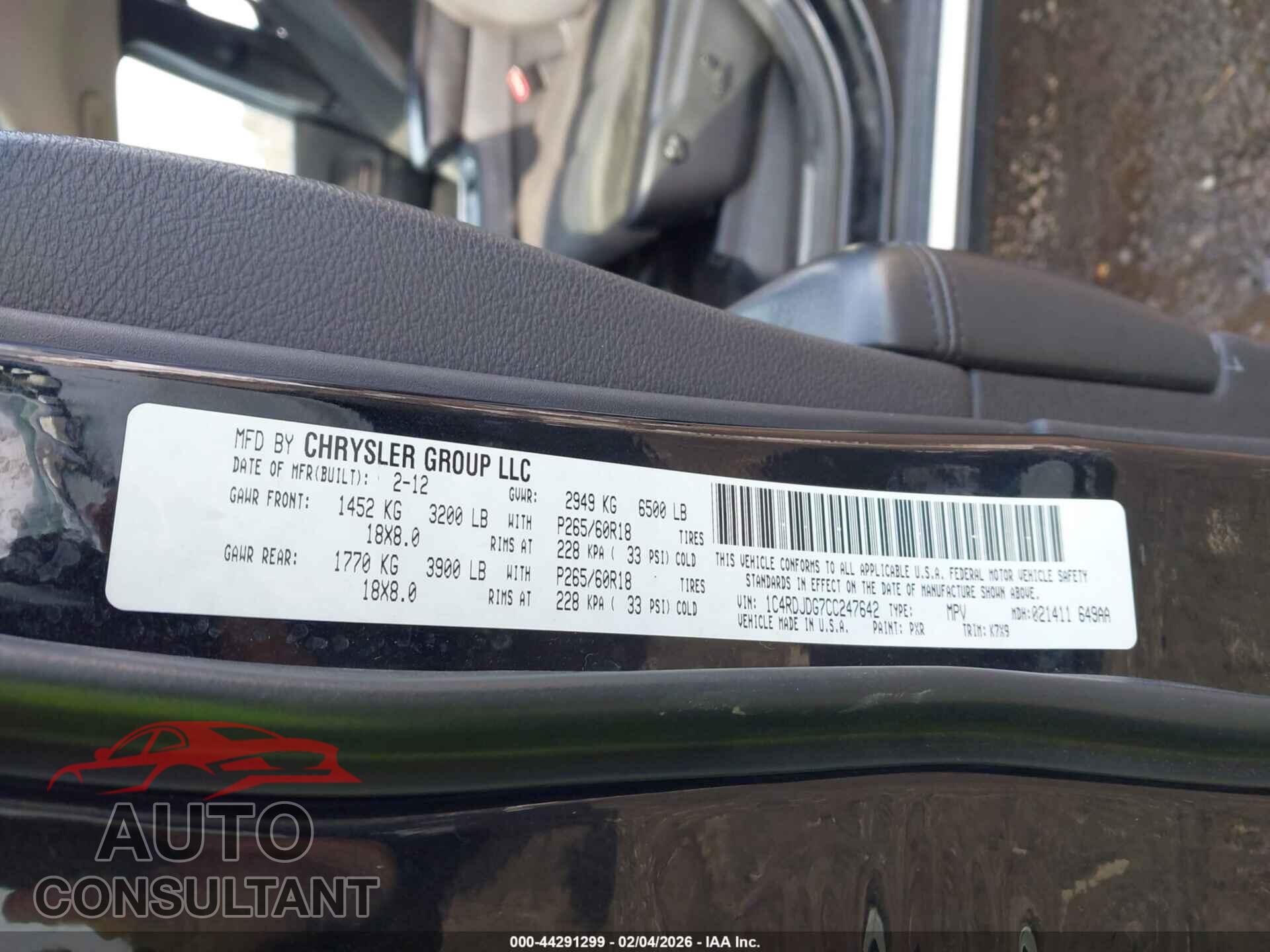 DODGE DURANGO 2012 - 1C4RDJDG7CC247642