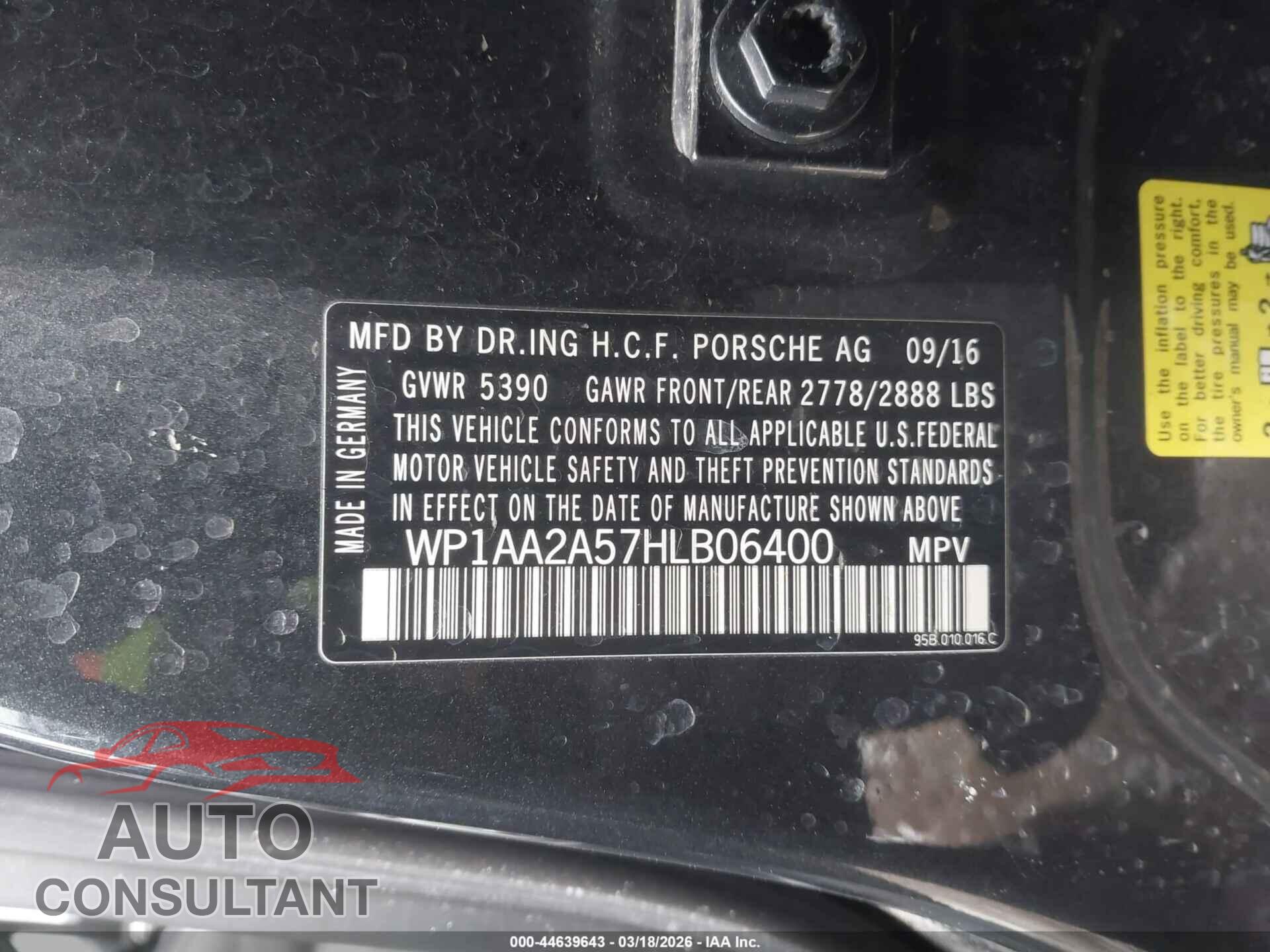 PORSCHE MACAN 2017 - WP1AA2A57HLB06400
