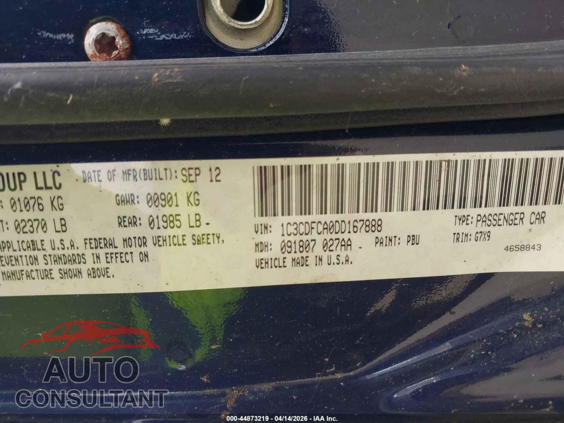 DODGE DART 2013 - 1C3CDFCA0DD167888