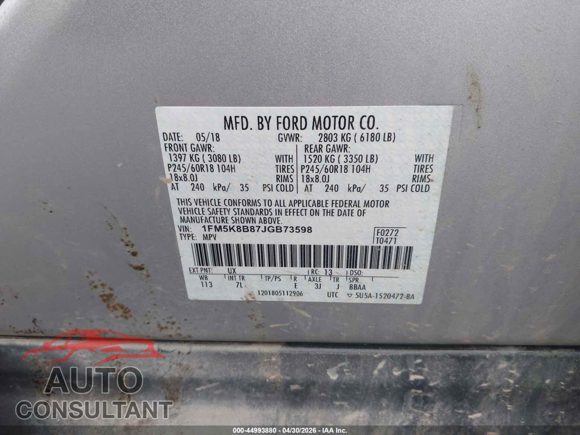 FORD EXPLORER 2018 - 1FM5K8B87JGB73598