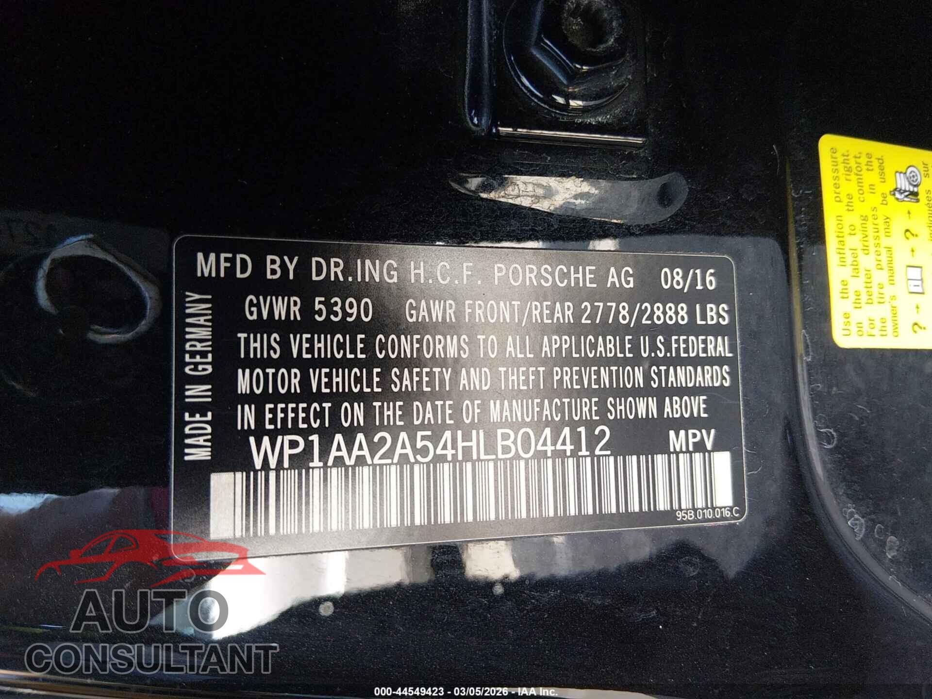 PORSCHE MACAN 2017 - WP1AA2A54HLB04412