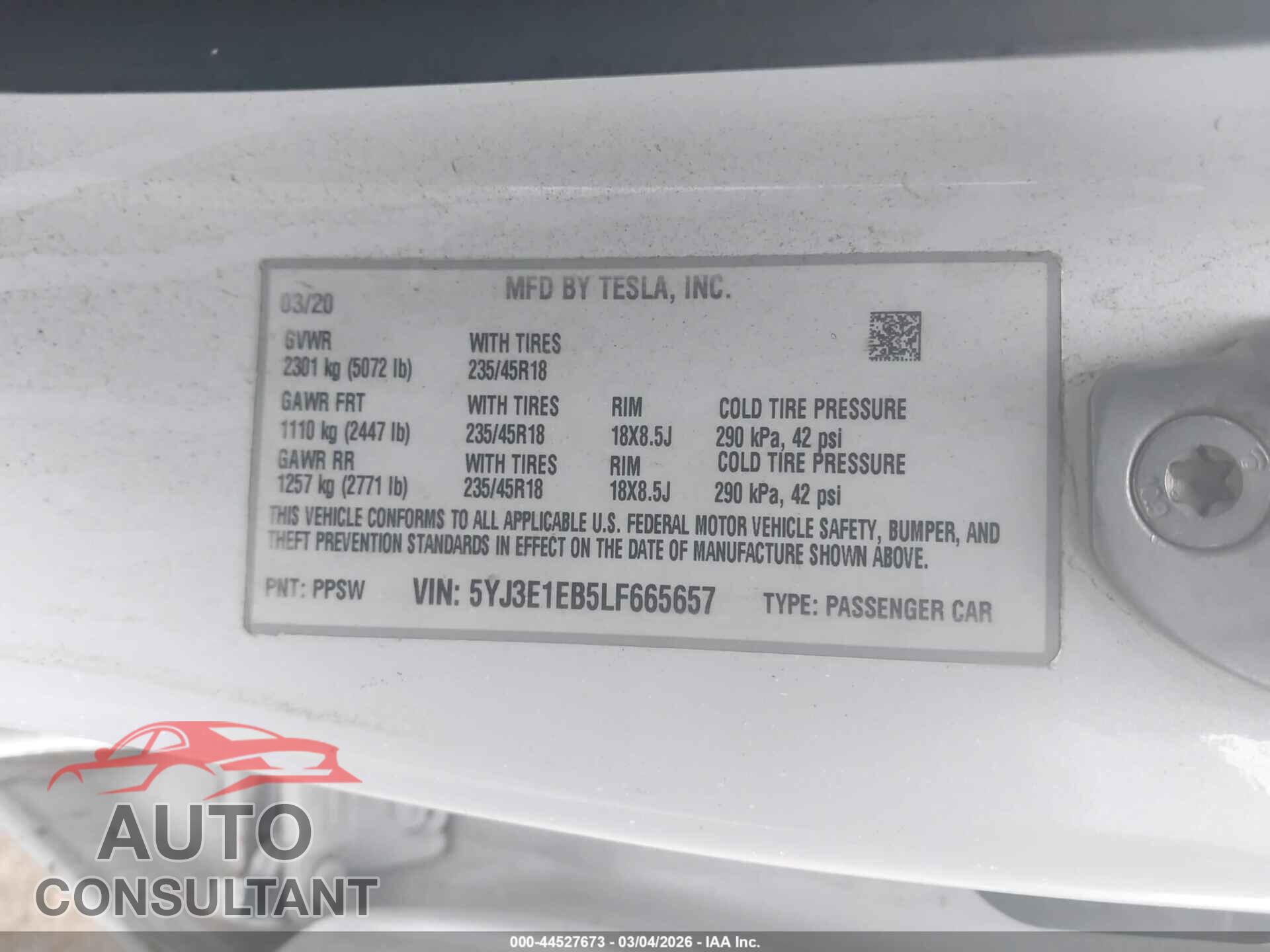 TESLA MODEL 3 2020 - 5YJ3E1EB5LF665657