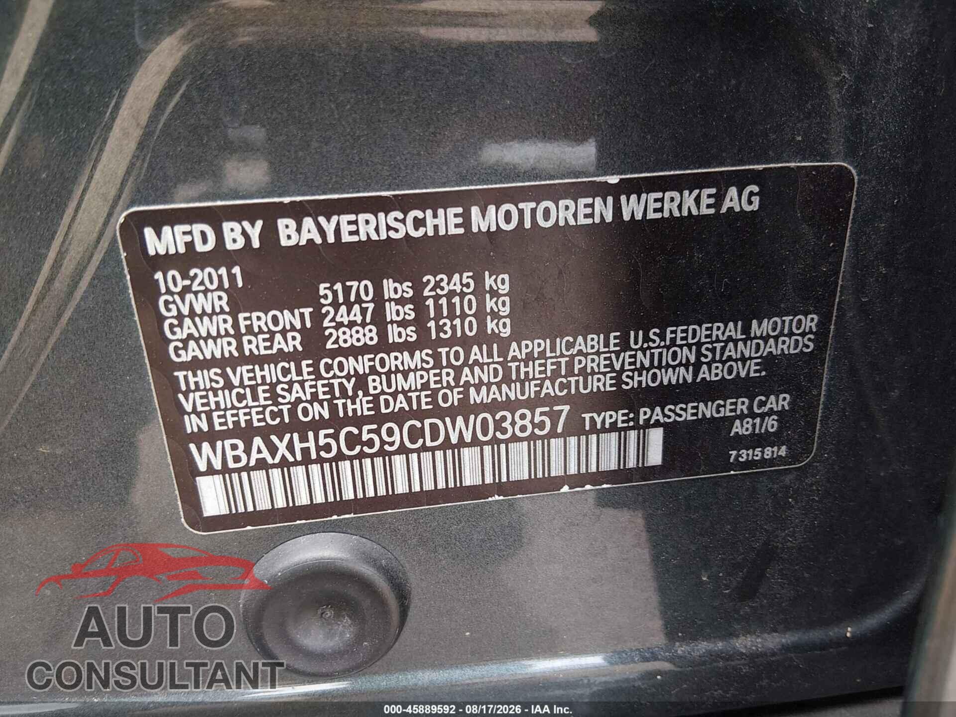BMW 528I 2012 - WBAXH5C59CDW03857