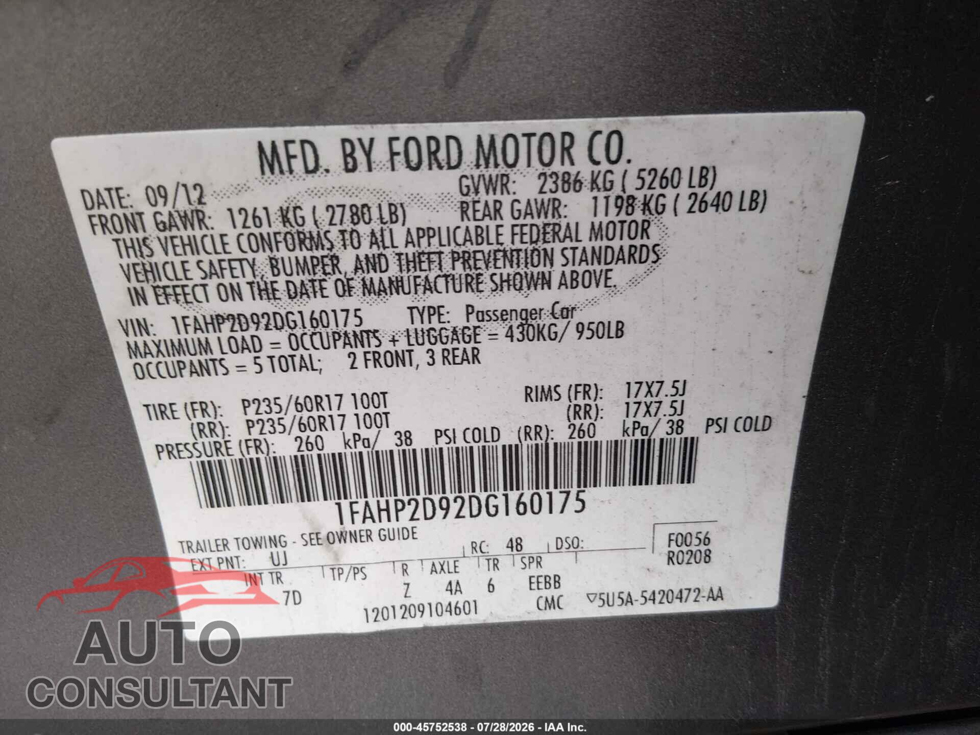 FORD TAURUS 2013 - 1FAHP2D92DG160175