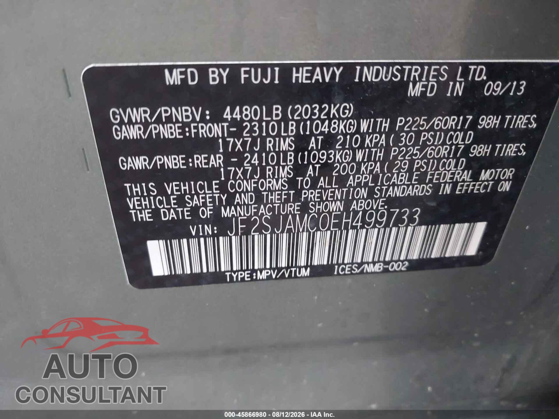 SUBARU FORESTER 2014 - JF2SJAMC0EH499733