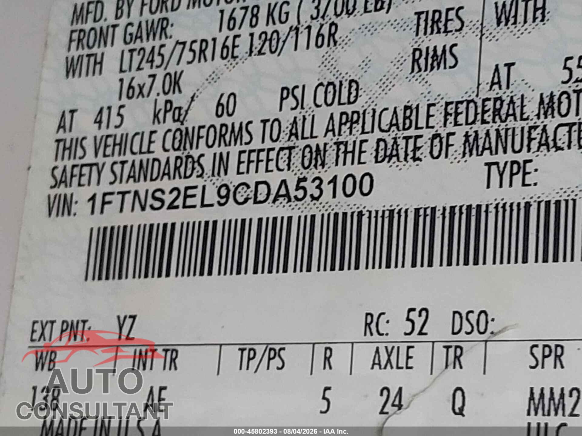 FORD E-250 2012 - 1FTNS2EL9CDA53100