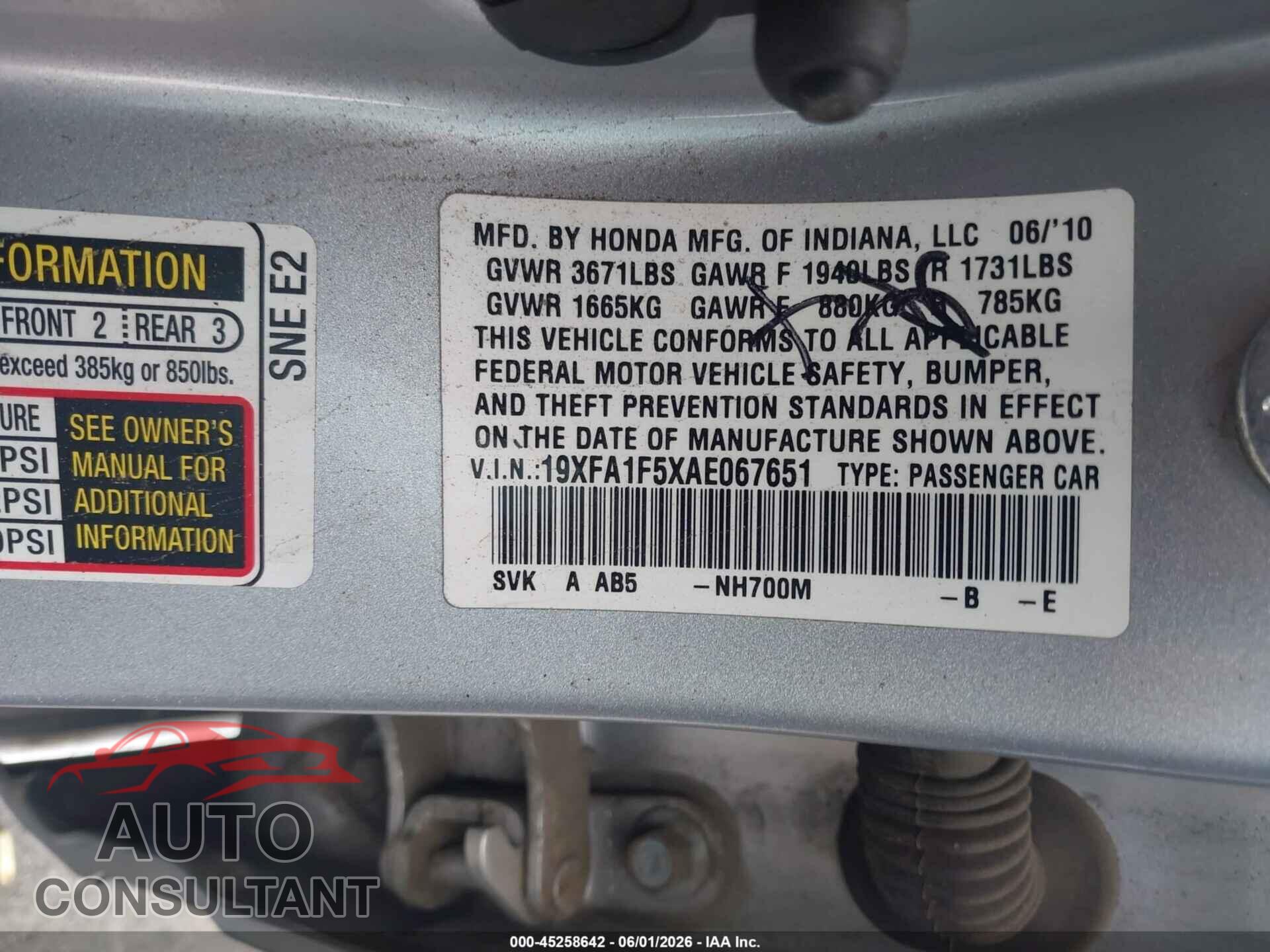 HONDA CIVIC 2010 - 19XFA1F5XAE067651