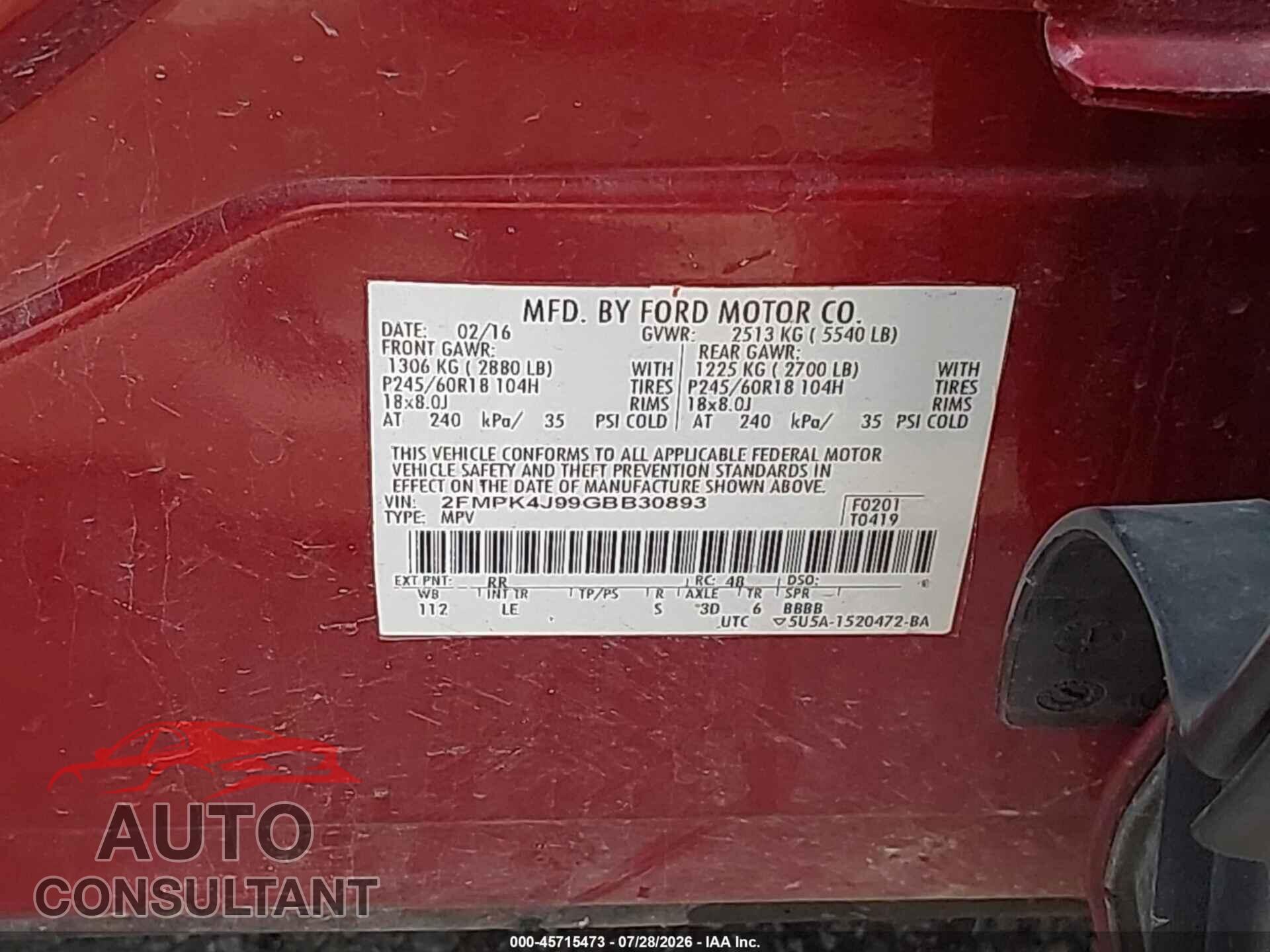 FORD EDGE 2016 - 2FMPK4J99GBB30893