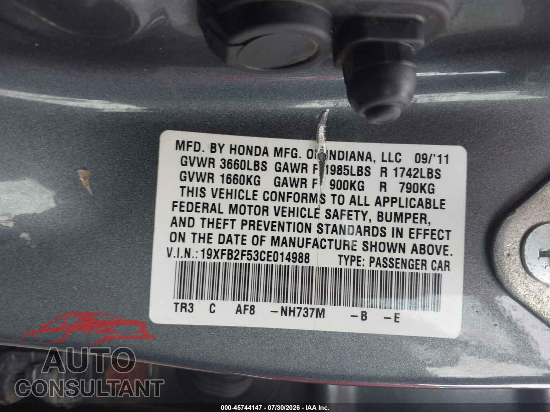 HONDA CIVIC 2012 - 19XFB2F53CE014988