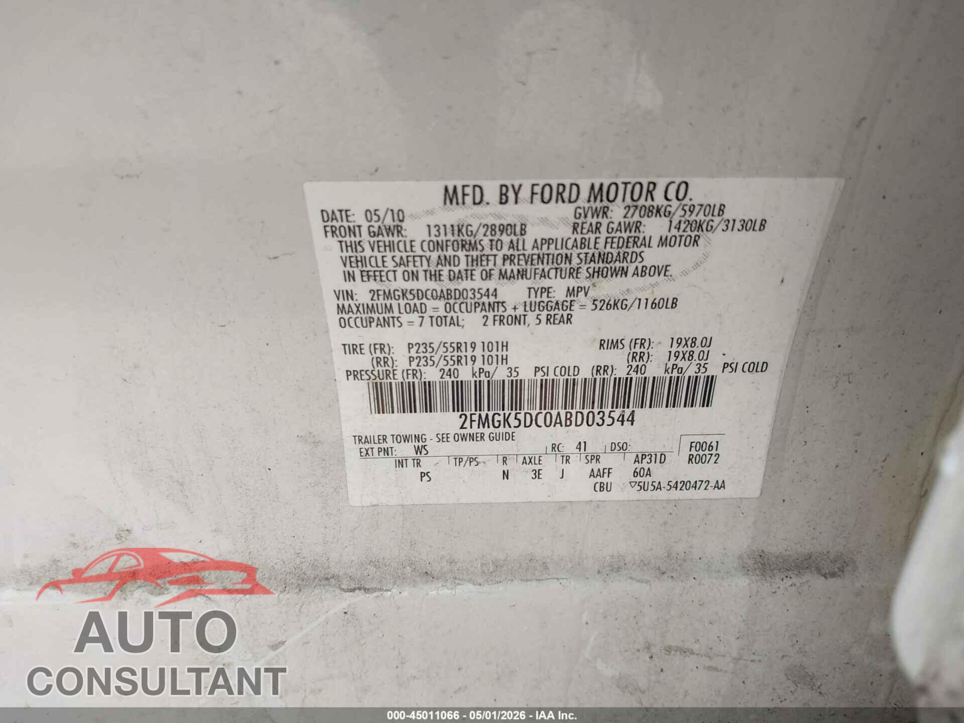 FORD FLEX 2010 - 2FMGK5DC0ABD03544