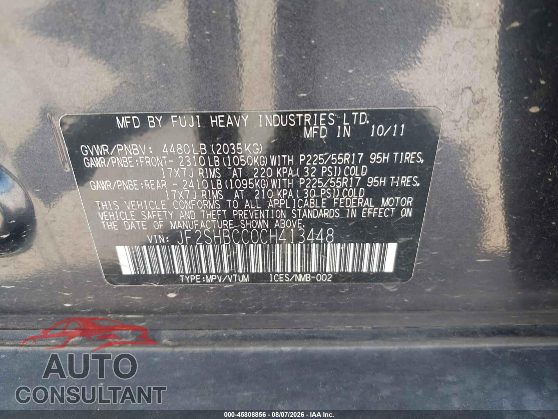 SUBARU FORESTER 2012 - JF2SHBCC0CH413448